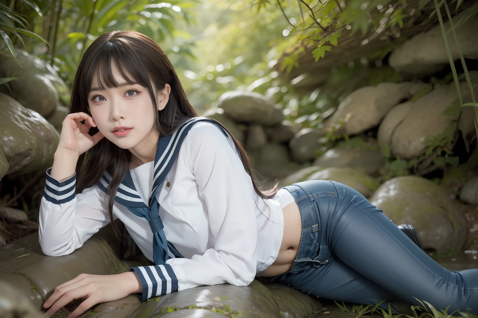 a pregirl,ssmile, looking at viewert, sailor uniformm,skintight jeans,photore, realisticlying, Best quality at best, employee, 详细的脸,Lying on a large mossy stone in a bamboo forest, diffuselighting, depth of fields