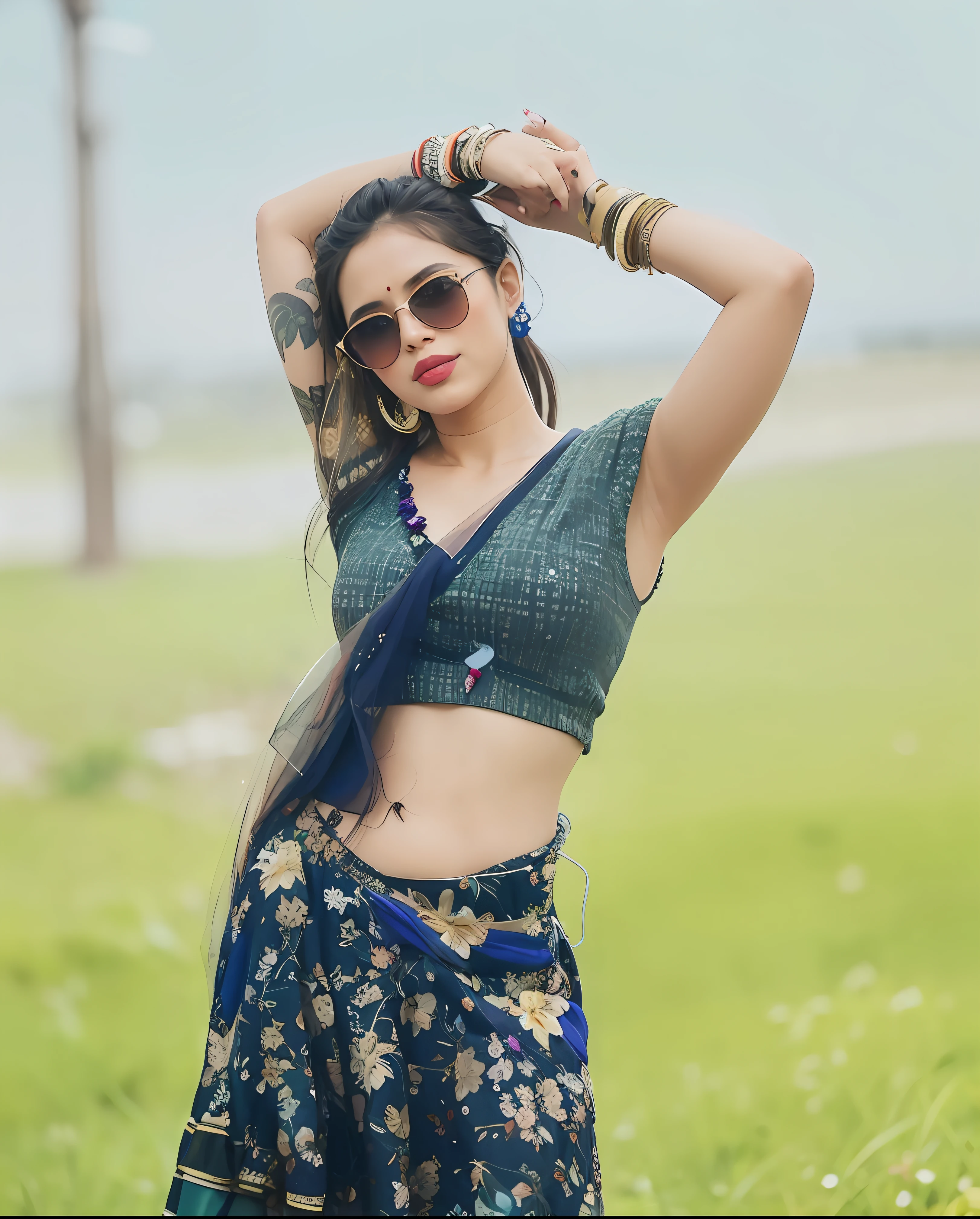 a woman in a floral skirt and sunglasses posing for a picture, stylish pose, assamese aesthetic, profile image, attractive pose, cute beautiful, wearing an elegant tribal outfit, modeling photography, beautiful cute, beautiful model girl, sexy girl, profile pic, modeling shoot, wearing crop top, very beautiful girl, beautiful pose, cute woman, indian super model, instagram model