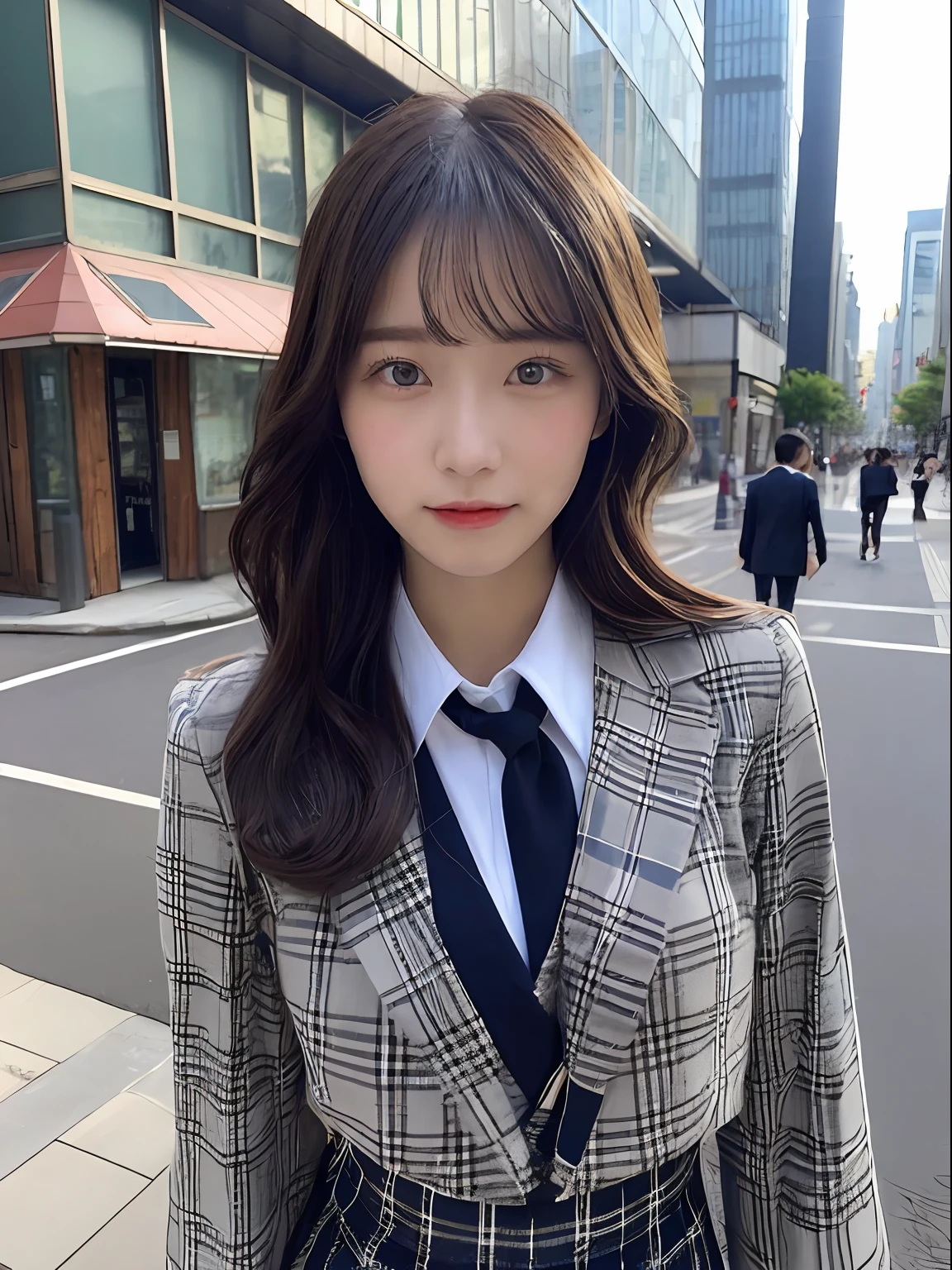 ((top-quality、8K、masterpiece:1.3))、foco nítido:1.2、Beautiful girl in perfect style:1.4、A slender、((A dark-haired、tits out:1.2))、gravure model、(natural soft light、street snap、TOKYOcty、Harajuku:1.1)、Highly detailed facial and skin texture、A detailed eye、二重まぶた、Sweaty、A sexy、((Uniform 1.5))、jk suit plaid skirt pleated skirt shirt bowtie