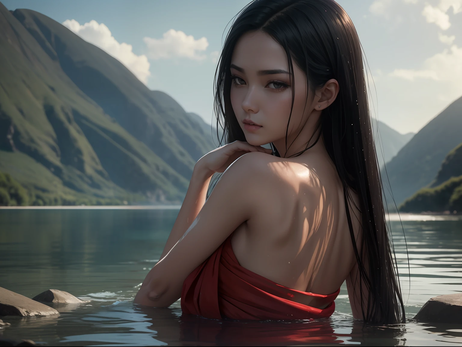 (A beautiful 25 years old female model bathing near the lake), (long black hair), (pale skin), (wet and oily appearance), (serious face), (wearing red sarong), view from front, waist up shot, dynamic pose, ambient lighting, photo realism, intricate face detail, intricate hand details, highly detailed, vibrant colors, cinematic, high definition, trending on Artstation--style raw