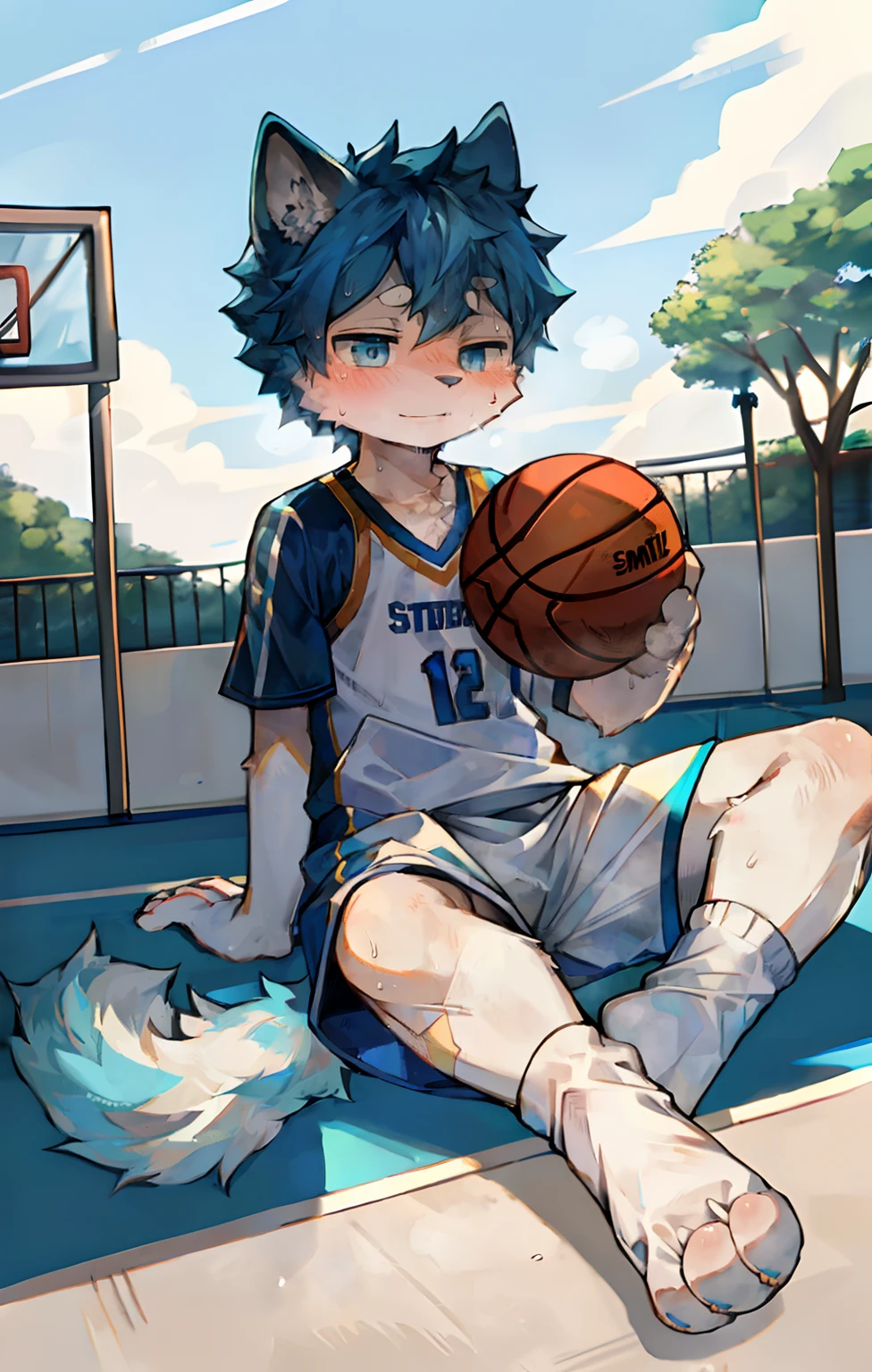 shaggy,Light blue hair,bodyfur,basketball playground,basketball suit,sat on the ground,Wear socks,White socks,catss,sunlighting,Look at the feet,Focused,pale blue color eyes,Cat nose,a warm color palette,AOEU,AOEU,Heavy sweating,Screen-centric,Socks are opaque,dirty socks,Normal expression,The sun shines on the body,hand on leg,Highest picture quality,Delicate painting style,Delicate hook lines,Masterpieces,Fine skin,Delicate hair,Delicate hands,Delicate eyes,Handsome,Cat style,Blue pupils,, Dappled light and shadow,White fur,Protruding crotch