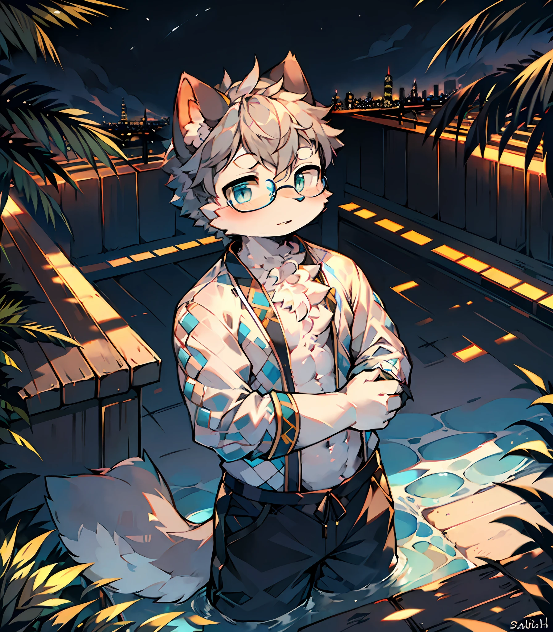 Highest image quality,A masterpiece,Delicate hands,finely-detailed eyes,Normal eyes,Black-framed round glasses,Gray cat ears,Furry,Gray hair,adolable,Handsome,Cat style,Shota, Blue pupil, city night scene, Gray hair, By bangs,Dappled light and shadow, short detailed hair,ember,There are bright eyes of God, sandbeach,Summer background,Abs,独奏,Melon seed face,rays of sunshine,rcasual,Cool clothing,Handheld swimming ring