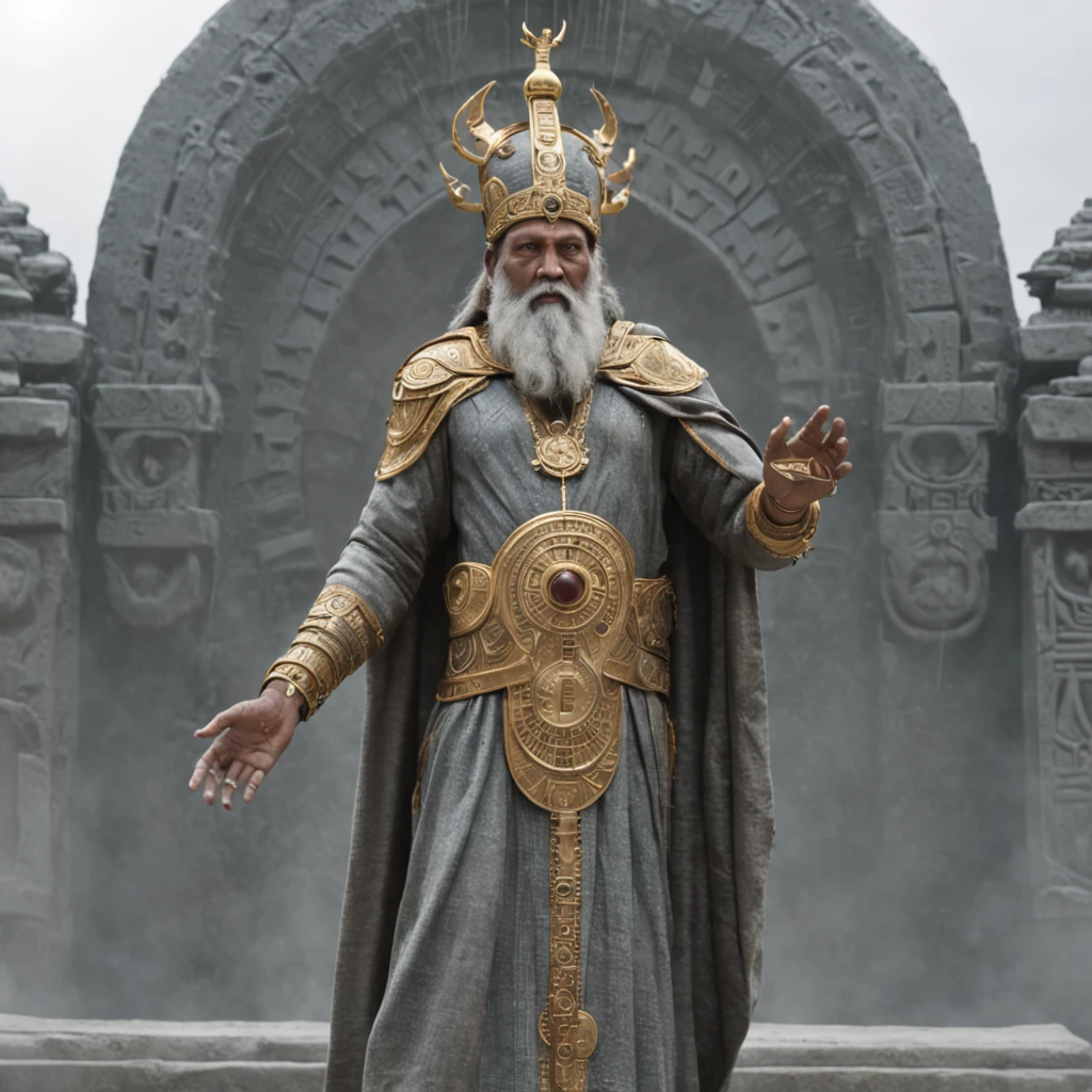 "Anu, the ancient god, towers as a giant, an embodiment of divine power and majesty. His skin is a warm light brown, and a long, flowing grey beard cascades down, signifying his timeless wisdom. He wears an opulent cloak, a fusion of ancient design and high-tech shimmer, hinting at a civilization both archaic and advanced. The cloak glitters with intricate patterns, possibly circuits or celestial maps. Adorning his head is a crown, both regal and futuristic, studded with gems that pulse with light. Wrapped around his left wrist is a high-tech watch, its face a blend of holographic displays and Sumerian glyphs. In his right hand, he holds a device, swirling with energy, a portal opener to other realms or times. His left hand firmly grips an ancient bag, its contents a profound mystery but radiating an otherworldly aura. Sprouting from his back are magnificent golden eagle wings, grand in span and shimmering in the ethereal light. He stands resolutely in front of the Tree of Life, its branches and roots intertwined in an eternal dance of creation and knowledge. The backdrop reveals vast high-tech temples, grand structures with glowing symbols, and levitating platforms. Nestled among these marvels, a bowl holds a miniature Earth, rotating slowly, a tribute to the planet and Anu's dominion over it."