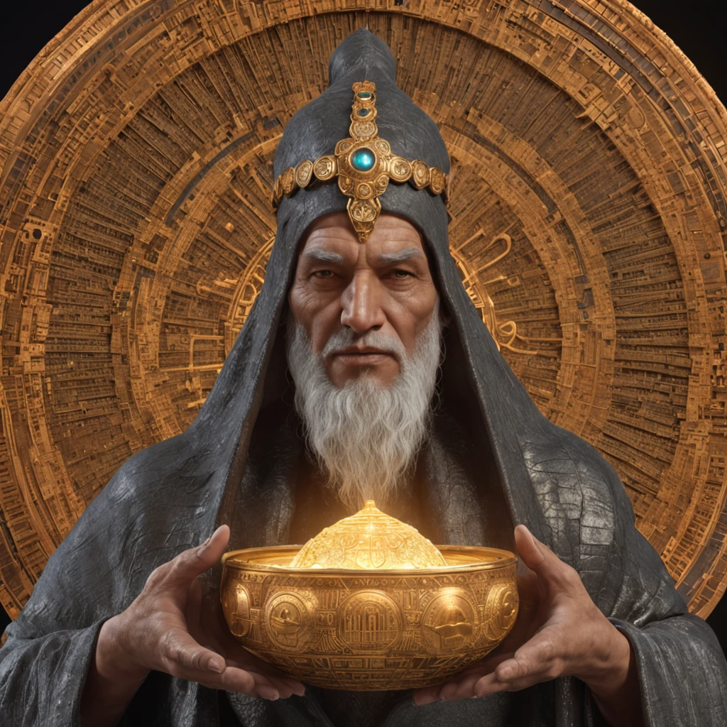 "Anu, the ancient god, towers as a giant, an embodiment of divine power and majesty. His skin is a warm light brown, and a long, flowing grey beard cascades down, signifying his timeless wisdom. He wears an opulent cloak, a fusion of ancient design and high-tech shimmer, hinting at a civilization both archaic and advanced. The cloak glitters with intricate patterns, possibly circuits or celestial maps. Adorning his head is a crown, both regal and futuristic, studded with gems that pulse with light. Wrapped around his left wrist is a high-tech watch, its face a blend of holographic displays and Sumerian glyphs. In his right hand, he holds a device, swirling with energy, a portal opener to other realms or times. His left hand firmly grips an ancient bag, its contents a profound mystery but radiating an otherworldly aura. Sprouting from his back are magnificent golden eagle wings, grand in span and shimmering in the ethereal light. He stands resolutely in front of the Tree of Life, its branches and roots intertwined in an eternal dance of creation and knowledge. The backdrop reveals vast high-tech temples, grand structures with glowing symbols, and levitating platforms. Nestled among these marvels, a bowl holds a miniature Earth, rotating slowly, a tribute to the planet and Anu's dominion over it."