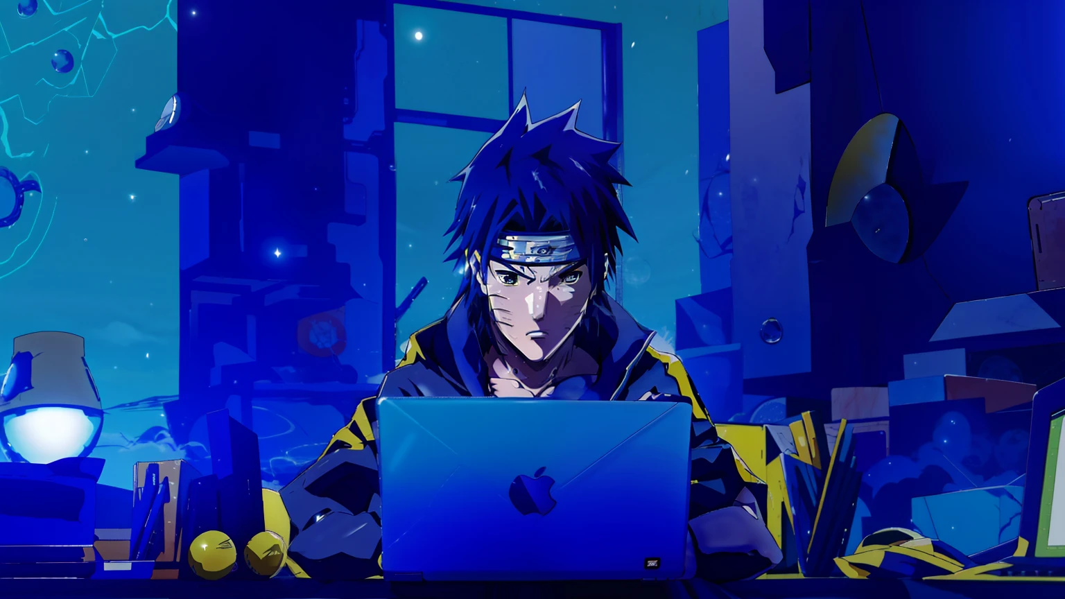 personagem de anime sentado em uma mesa com um laptop, sasuke uchiha, Estilo anime 4K, badass anime 8 k, Estilo anime moderno, Estilo anime. 8k, itatchi uchiha, Epic anime style, Steve Jobs como Hokage, Estilo anime muito moderno, Estilo anime", Estilo anime 2D, em Estilo anime, Estilo de arte Ufotable, Blue and yellow scenery, fundo azul, detalhes azul e amarelo