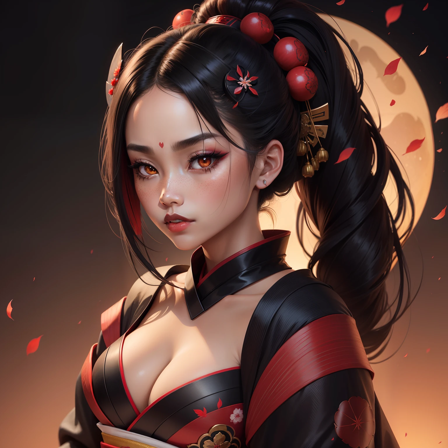 Seductive geisha, wear black kimono, dark black jet hair, red moon, dark skin complexion, cherry blossom on hair, 4k, almond eyes, big lip, logo, heart shape face, face fuller, sexy hair tied up, black eyes, dark red lipstick, female samurai warrior, swords, face shots, head shots, freckles on the face, up close head face shots, full hair, brown skin tanned