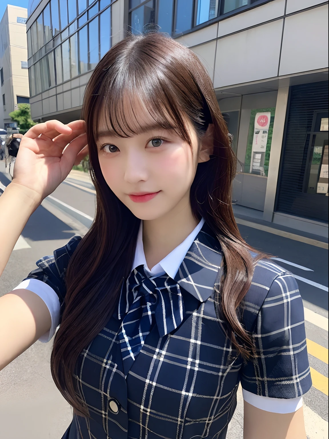 ((top-quality、8K、​masterpiece：1.3))、foco nítido：1.2、Beautiful schoolgirl in perfect style：1.4、A slender、((A dark-haired、tits out：1.2))、gravure model、(natural soft light、street snap、TOKYOcty、Harajuku:1.1)、Highly detailed facial and skin texture、A detailed eye、二重まぶた、Sweaty、A sexy、((Uniform 1.5))、jk suit plaid skirt pleated skirt shirt bowtie