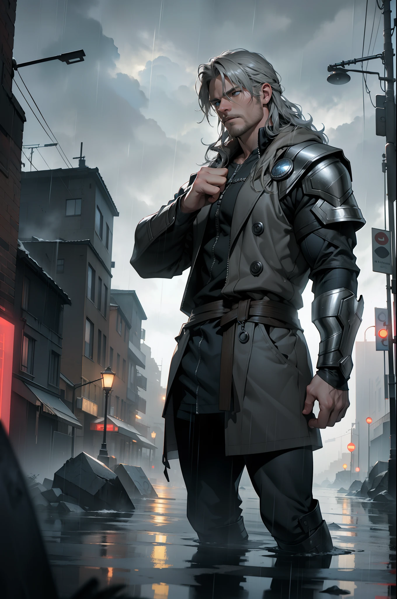 (masterpiece), (best quality), Thor Odinson, (background: foggy, heavy rain, gray clouds, cityscape), volumetric lighting, 8k resolution