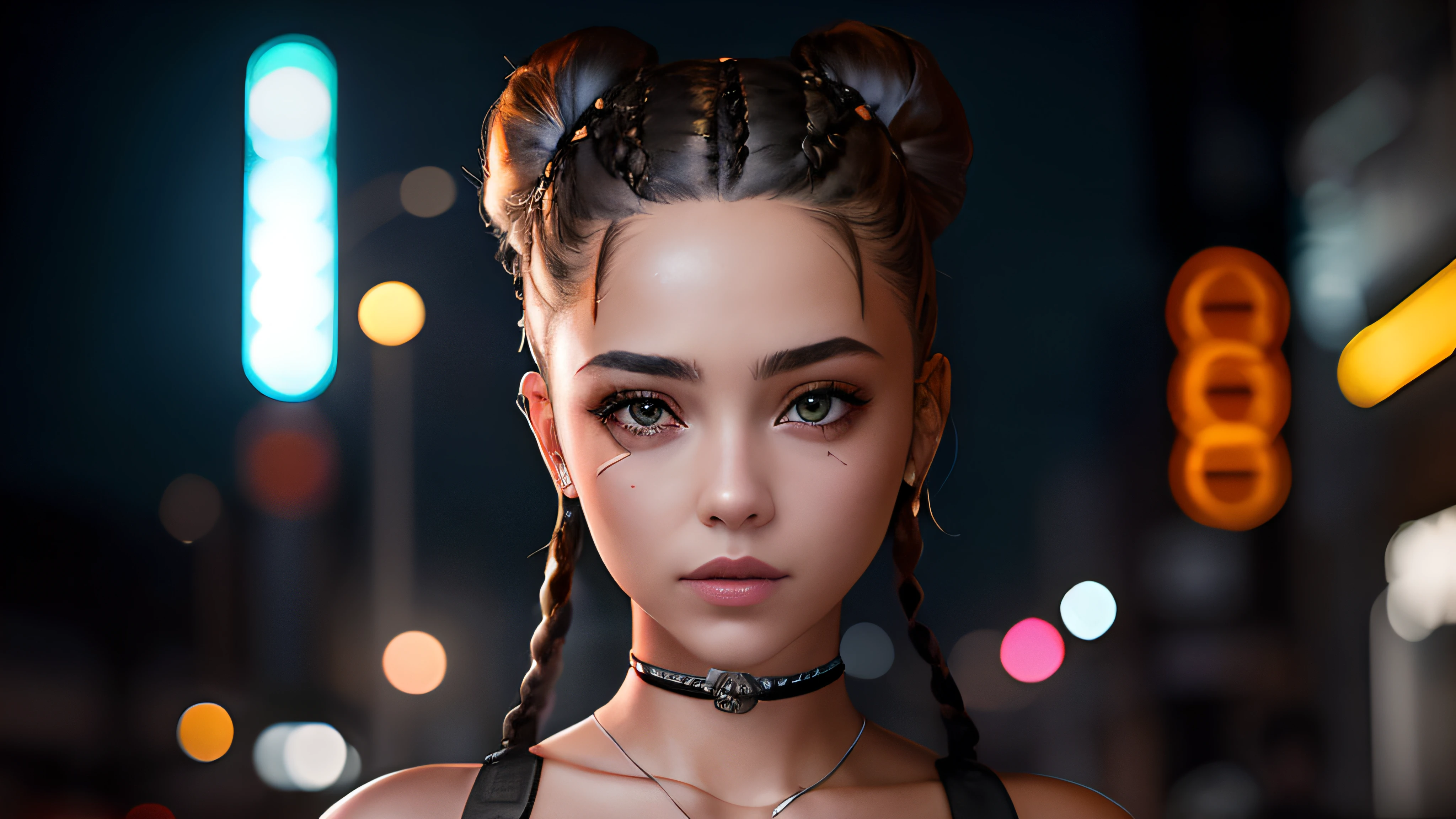 Foto RAW, Hermosa chica con ropa de futuro, Noche, se encuentra en medio de la ((Calle al estilo cyberpunk)),grey eyeballs, lightning in the sky, La mejor calidad, Obra maestra, ultra-high-resolution, (fotorrealista:1.4), Foto RAW 8K, Professional Photography, Foto premiada, ((luz)) Cinematographer//,Textura natural de la piel, Cara y ojos detallados, cabello rosado, primer plano, cara linda,bun braids