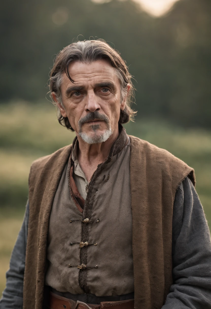 Portrait Photography, face shot of a mix between Jeremy Irons and Ian McShane as a medieval fantasy 50 year-old shepherd, wrinkly, revolting looks, short salt and pepper hair, goatee, serious expression, medieval fantasy shepherd clothes, in a medieval countryside, The colors are masterfully captured by Nikon D850 and a Nikon AF-S NIKKOR 70-200mm f/2.8E FL ED VR lens, Peter Jackson, fantasy, historical