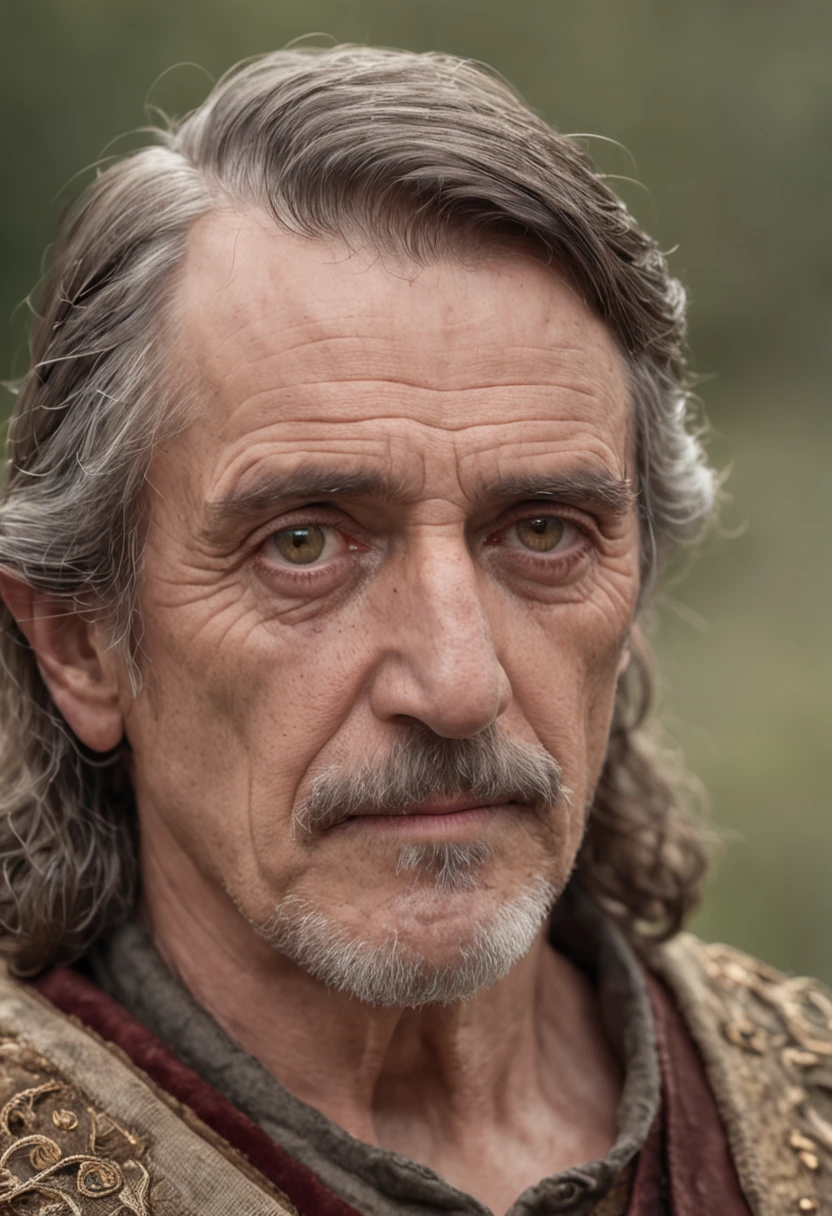 Portrait Photography, face shot of a mix between Jeremy Irons and Ian McShane as a medieval fantasy 50 year-old shepherd, wrinkly, revolting looks, short salt and pepper hair, goatee, serious expression, medieval fantasy shepherd clothes, in a medieval countryside, The colors are masterfully captured by Nikon D850 and a Nikon AF-S NIKKOR 70-200mm f/2.8E FL ED VR lens, Peter Jackson, fantasy, historical