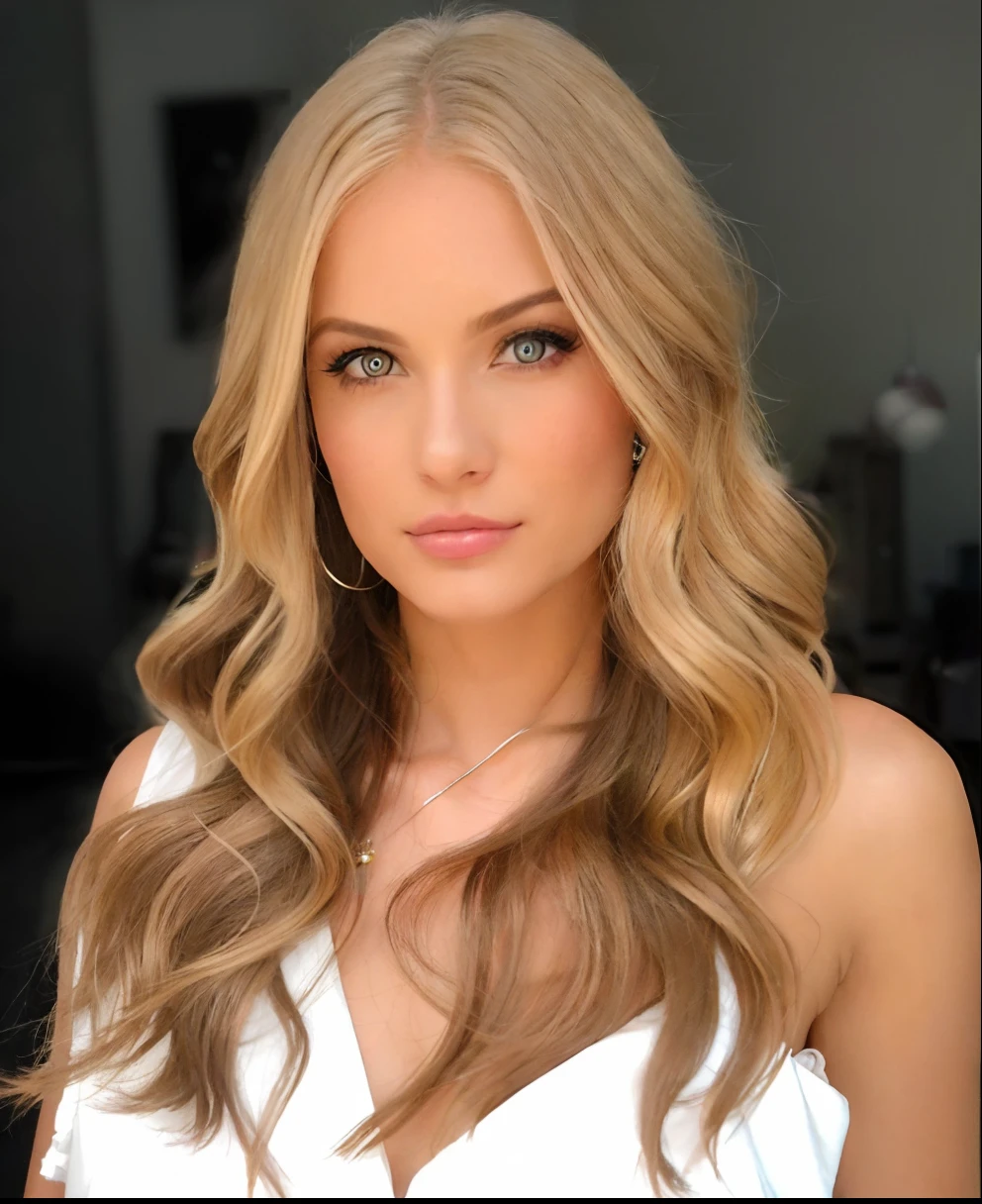 um close up de uma mulher com cabelos longos e um vestido branco, longos cabelos loiros e olhos azuis, uma loira linda, longos cabelos loiros e olhos grandes, cabelos loiros e olhos azuis, menina loira bonita, Cabelo loiro bonito, cabelos loiros e olhos grandes, modelo feminino bonito, longos cabelos loiros e olhos grandes, cabelos loiros olhos azuis, menina modelo bonita