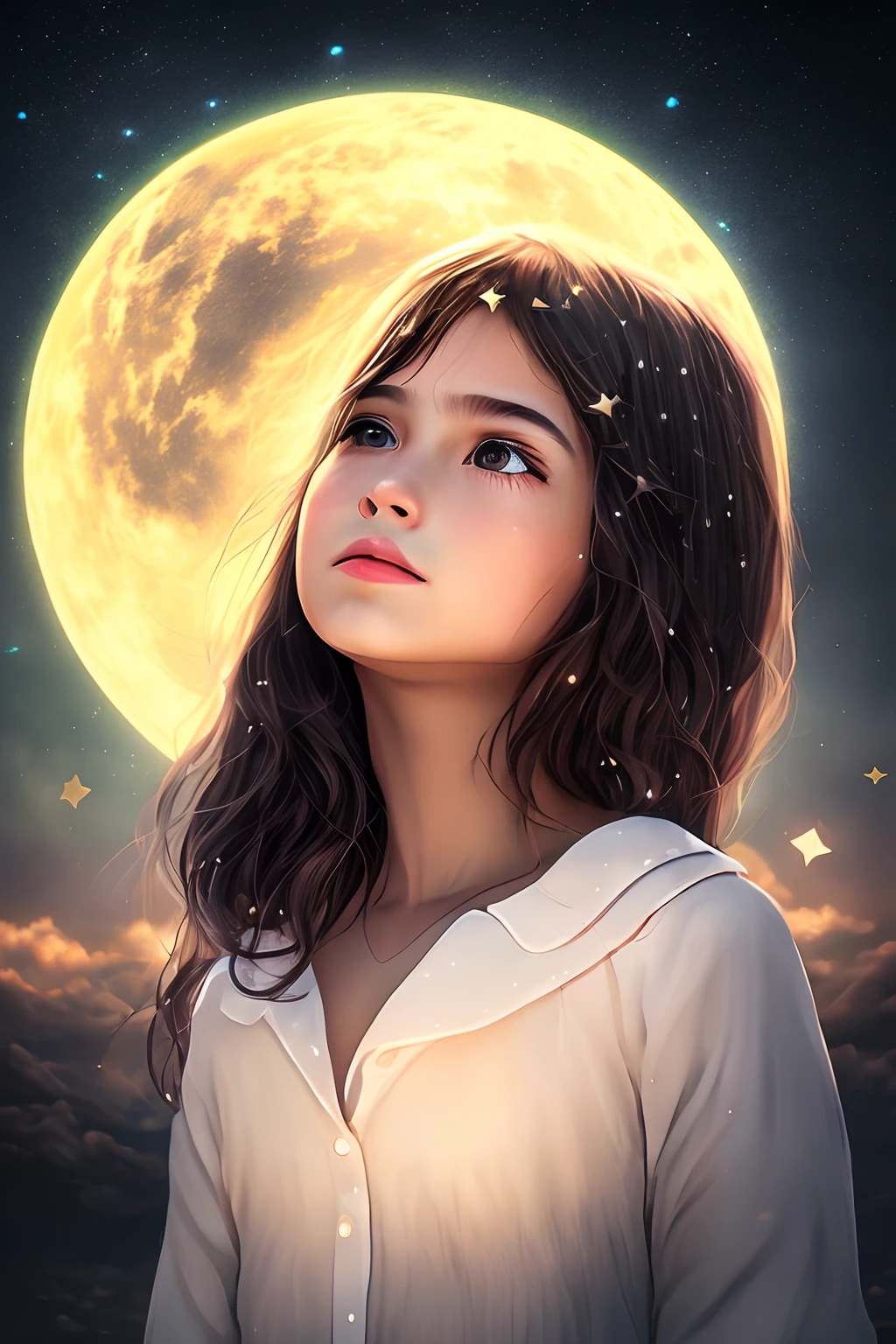 Girl looking at the sky, personagem colocada em perfil de lado, olhando para uma estrela grande