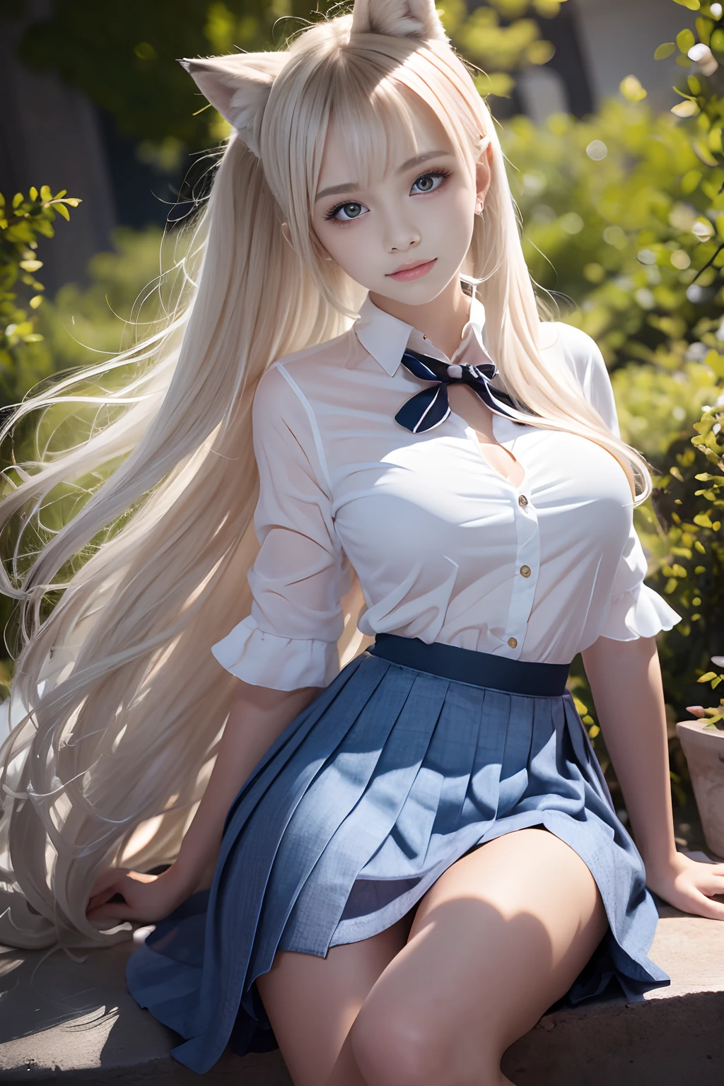 bright expression、poneyTail、Young shiny shiny white shiny skin、Best Looks、Blonde reflected light、Platinum blonde hair with dazzling highlights、shiny light hair,、Super long silky straight hair、Beautiful bangs that shine、Glowing crystal clear attractive big blue eyes、Very beautiful nice cute girl、Lush bust,Beautiful detailed eyes, beautiful detailed nose,(( Full body:1.25)),Makeup that the eyes emphasize、((Pleated skirt with many folds)),Women like Joan of Arc、Knights, With a sword and shield,Royal style,Comic style, , Sub-surface scattering, ornate detail, nature backdrop, Hyper-realistic, Cinematic, Dramatic Lighting, masutepiece、Armor with a wolf motif、((Wolf ears))、