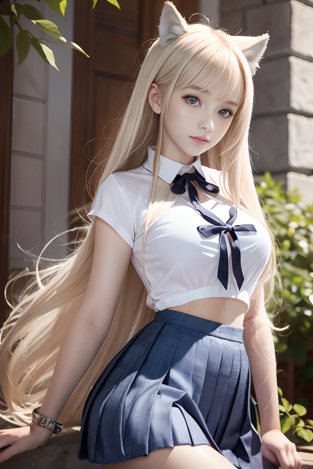 bright expression、poneyTail、Young shiny shiny white shiny skin、Best Looks、Blonde reflected light、Platinum blonde hair with dazzling highlights、shiny light hair,、Super long silky straight hair、Beautiful bangs that shine、Glowing crystal clear attractive big blue eyes、Very beautiful nice cute girl、Lush bust,Beautiful detailed eyes, beautiful detailed nose,(( Full body:1.25)),Makeup that the eyes emphasize、((Pleated skirt with many folds)),Women like Joan of Arc、Knights, With a sword and shield,Royal style,Comic style, , Sub-surface scattering, ornate detail, nature backdrop, Hyper-realistic, Cinematic, Dramatic Lighting, masutepiece、Armor with a wolf motif、((Wolf ears))、