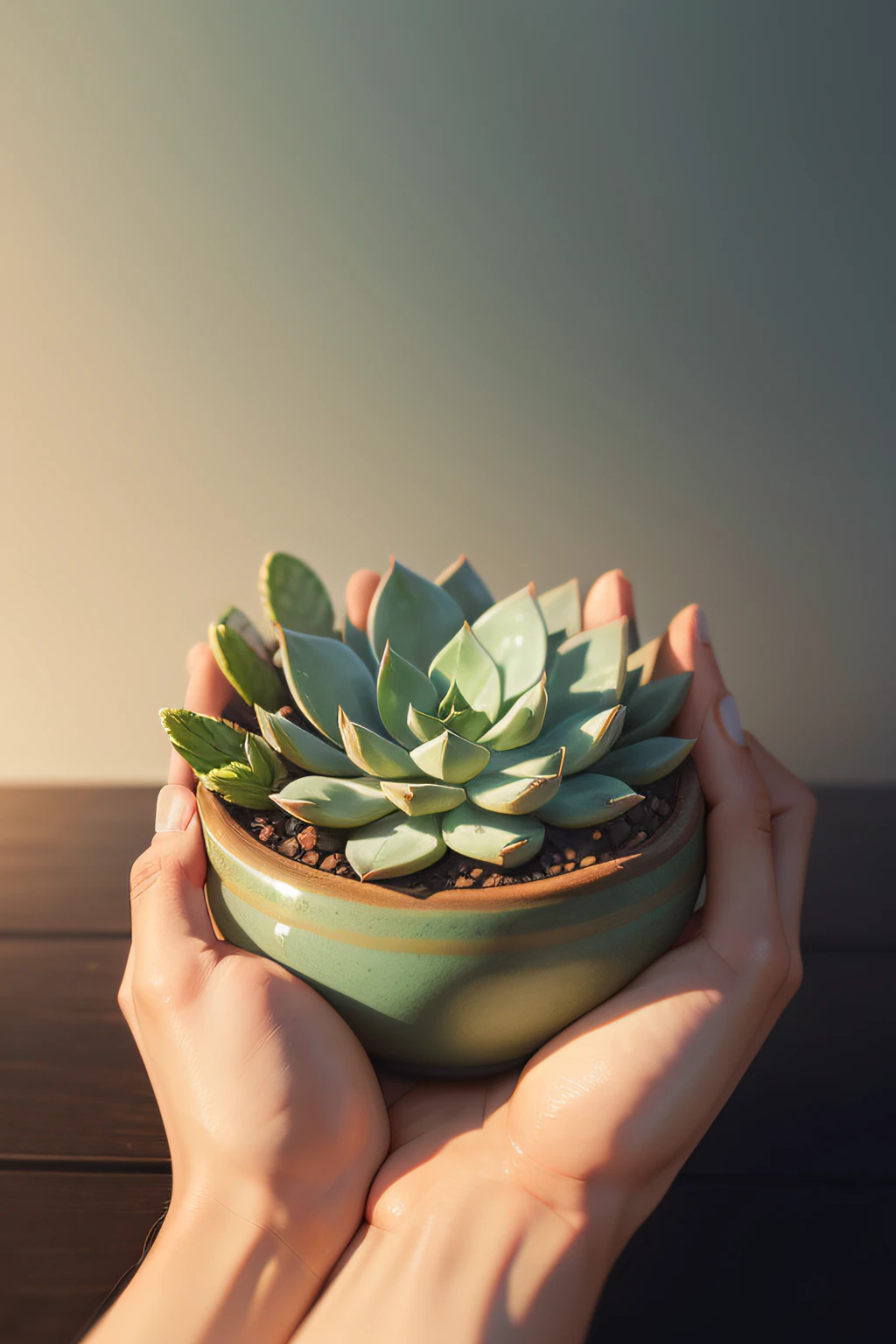 hands holding a succulent, estilo aquarela realista