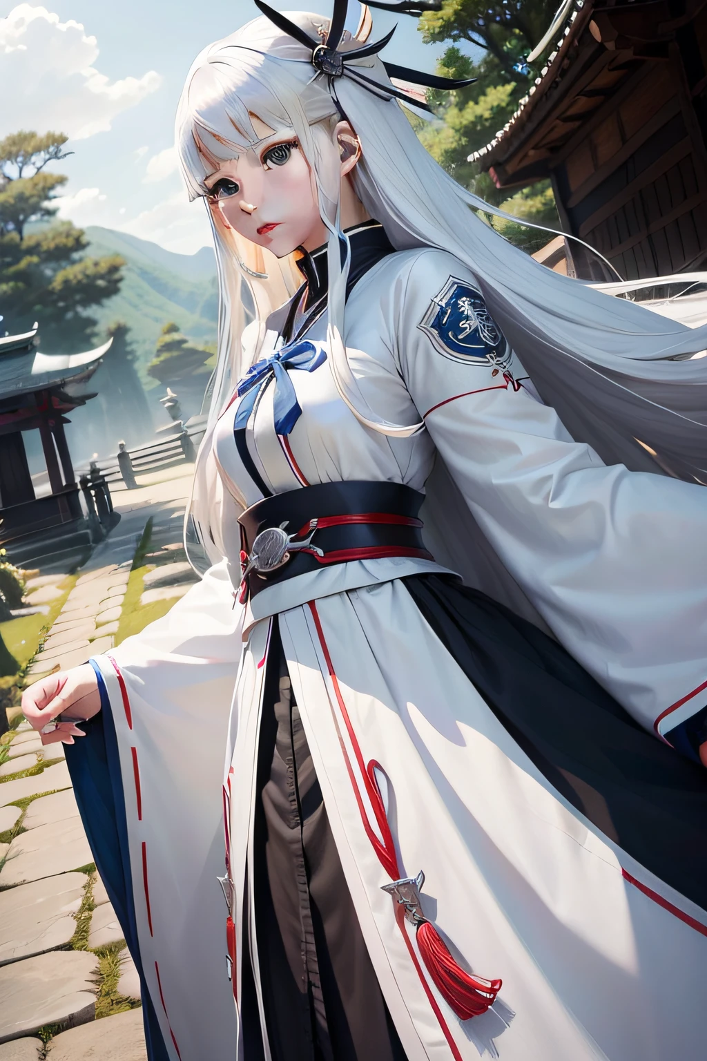 White hair，long whitr hair，blue color eyes，maam，Long knives，shrine maiden clothe