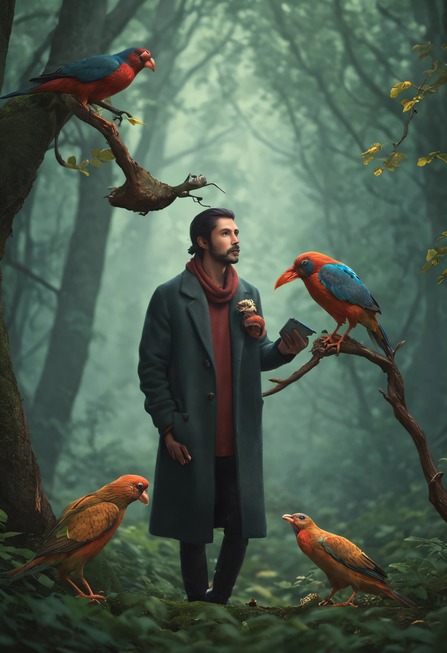 There is a painting of a man and a bird in the forest, arte de fantasia peluda, fantasia raposa amor, Beeple e Jeremias Ketner, arte peluda muito bonita, Cyril Rolando e Goro Fujita, Directed by: Ryan Yee, Artgerm e Atey Ghailan, anime exuberante john 8k madeiras, anthropomorphic furry art