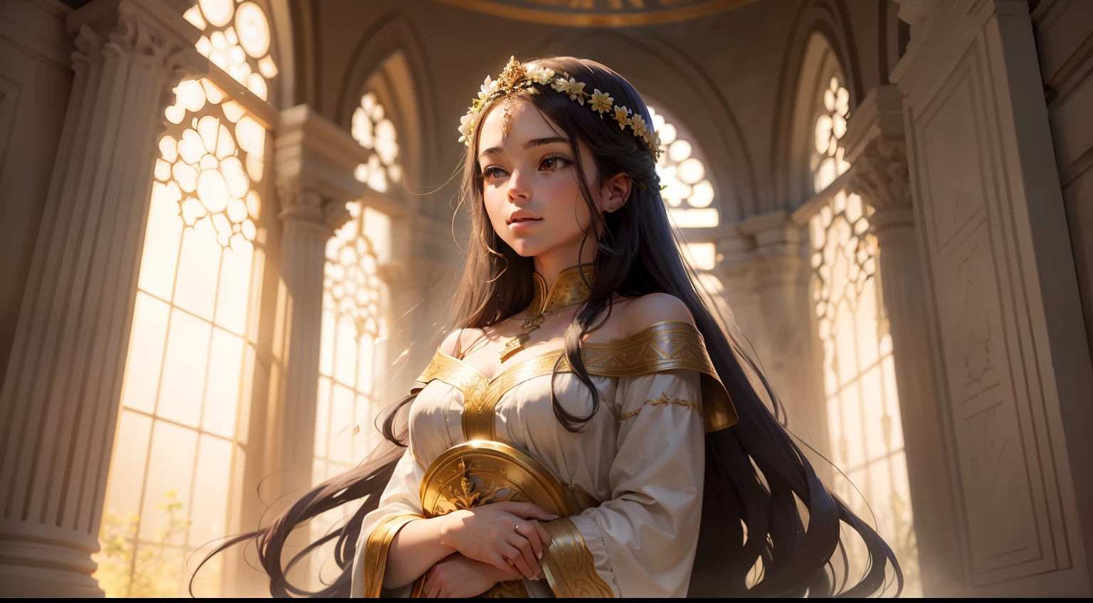 _Created with [AIPRM Prompt "Highly detailed Midjourney Prompt"](https://www.aiprm.com/prompts/generative/midjourney/1790363414548439040/)_

/imagine prompt: A realistic portrayal of the daughter of King David, a figure from biblical history. The subject stands in a verdant garden, adorned in flowing robes of royal purple and gold, her demeanor both regal and gentle. With an enigmatic smile, she gazes towards the distant horizon, her expression a blend of wisdom and youthful curiosity. The garden boasts vibrant blooms in a riot of colors, and a gentle breeze carries the scent of blossoms through the air. The scene evokes a sense of serenity and divine connection. The atmosphere is ethereal yet grounded, inviting viewers to contemplate grace and strength. The lighting, a soft golden glow, bathes her in a radiant halo, casting delicate shadows that add depth to her form. The light seems to originate from an unseen celestial source, casting a warm embrace that enhances her divine aura. --ar 2:3 --c 10 --s 750 --q 2