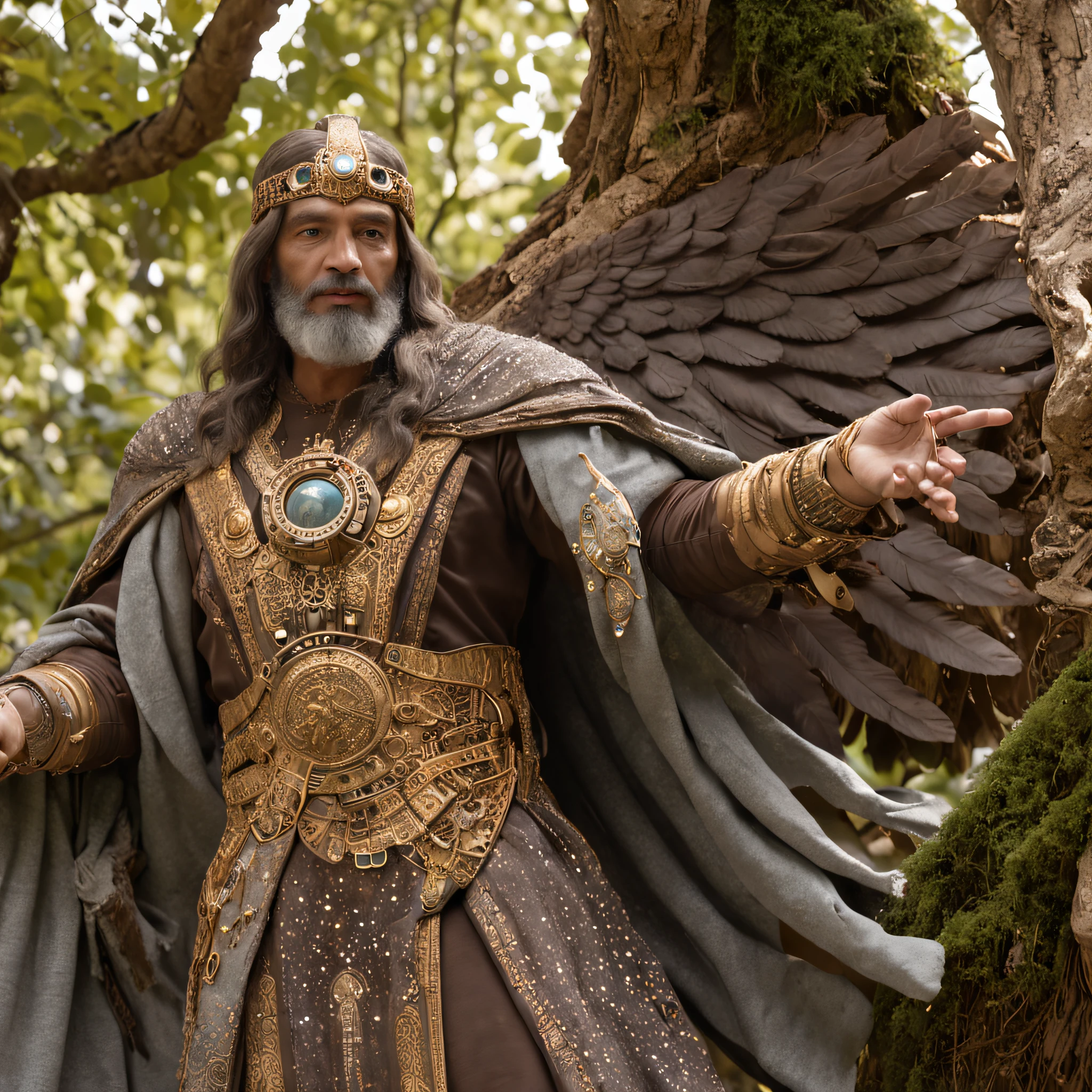 "Anu, the ancient god, towers as a giant, an embodiment of divine power and majesty. His skin is a warm light brown, and a long, flowing grey beard cascades down, signifying his timeless wisdom. He wears an opulent cloak, a fusion of ancient design and high-tech shimmer, hinting at a civilization both archaic and advanced. The cloak glitters with intricate patterns, possibly circuits or celestial maps. Adorning his head is a crown, both regal and futuristic, studded with gems that pulse with light. Wrapped around his left wrist is a high-tech watch, its face a blend of holographic displays and Sumerian glyphs. In his right hand, he holds a device, swirling with energy, a portal opener to other realms or times. His left hand firmly grips an ancient bag, its contents a profound mystery but radiating an otherworldly aura. Sprouting from his back are magnificent golden eagle wings, grand in span and shimmering in the ethereal light. He stands resolutely in front of the Tree of Life, its branches and roots intertwined in an eternal dance of creation and knowledge. The backdrop reveals vast high-tech temples, grand structures with glowing symbols, and levitating platforms. Nestled among these marvels, a bowl holds a miniature Earth, rotating slowly, a tribute to the planet and Anu's dominion over it."