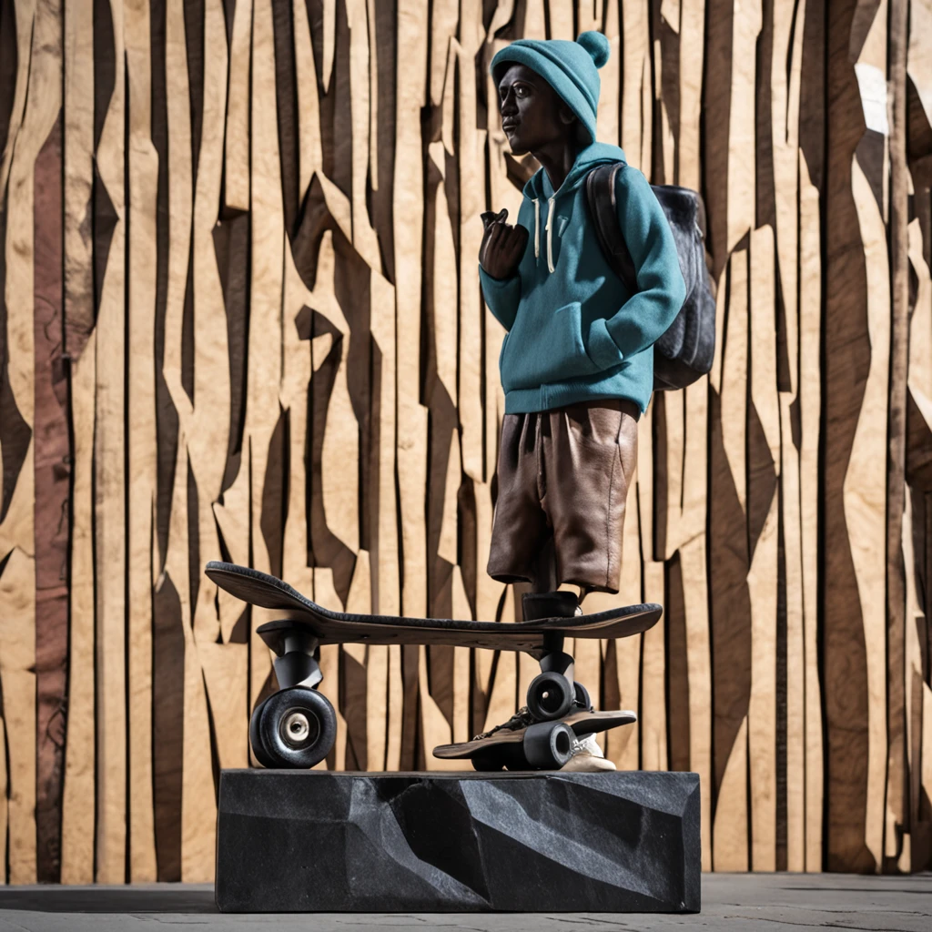 Uma escultura tridimensional detalhada, depicting Pinocchio at full size. He's wearing skateboard clothes, while listening to Christian music on your headphones. The sculpture is set in an urban setting that combines elements of a skate park with architectural details of a Catholic church. The surfaces are rich in detail, capturando a textura das roupas, The expression on the boy's face and the ornaments in the church. The atmosphere is unique, misturando a cultura do skate com a espiritualidade. The sculpture is carved in wood and metal, combining traditional and modern techniques to create impressive work in three dimensions. --ar 16:9 --v 5