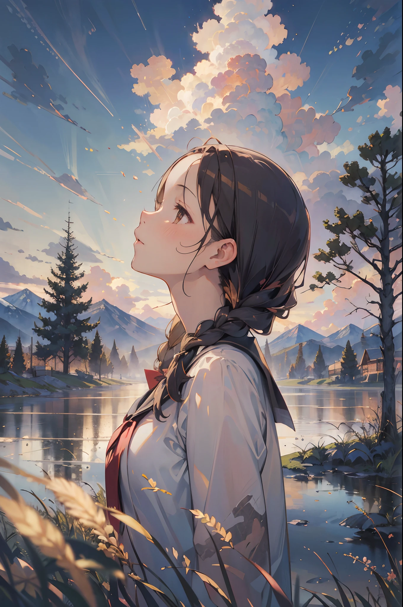 girls，Golden braids，Real hair，intricate hair，Hairline，Skysky，​​clouds，The tree，mountain in the distance，depth of fields，portraitures，the sideview，Side Body，head looking up，Look at the sky，Bust photo，offcial art，tmasterpiece，high qulity，A high resolution，