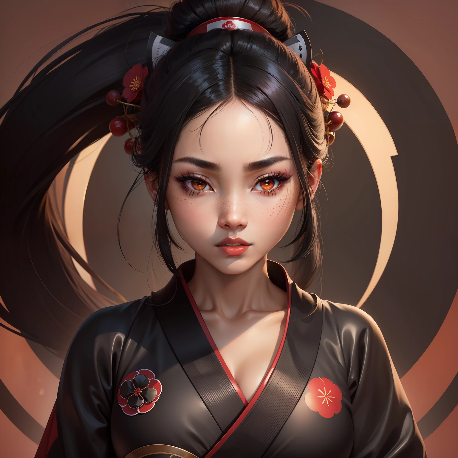 Seductive geisha, wear black kimono, black hair, red moon, dark skin complexion, cherry blossom on hair, 4k, almond eyes, big lip, logo, heart shape face, face fuller, sexy hair tied up, black eyes, dark red lipstick, female samurai warrior, swords, face shots, head shots, freckles on the face, up close head face shots, full hair, brown skin tanned