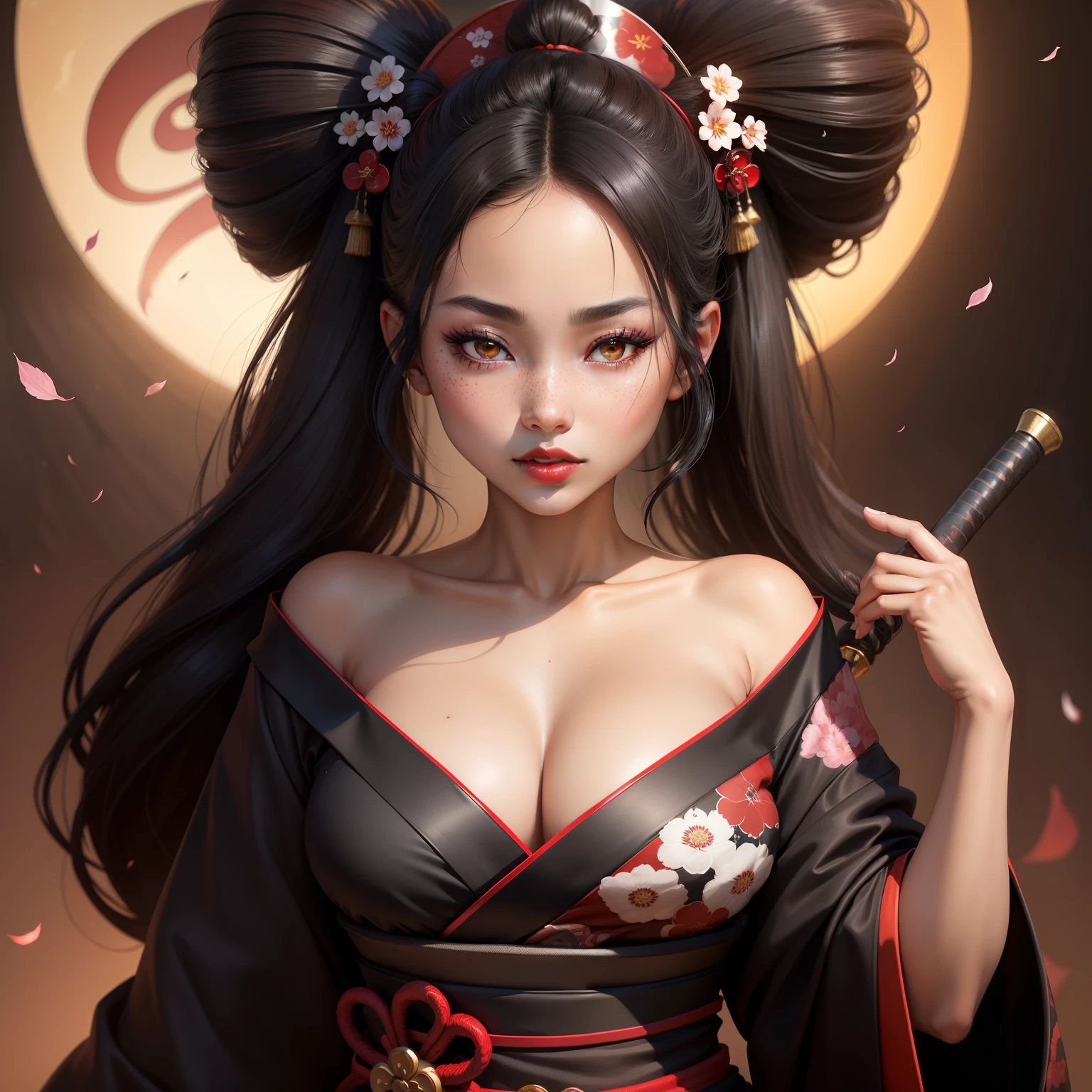 Seductive geisha, wear black kimono, black hair, red moon, dark skin complexion, cherry blossom on hair, 4k, almond eyes, big lip, logo, heart shape face, face fuller, sexy hair tied up, black eyes, dark red lipstick, female samurai warrior, swords, face shots, head shots, freckles on the face, up close head face shots, full hair, brown skin tanned