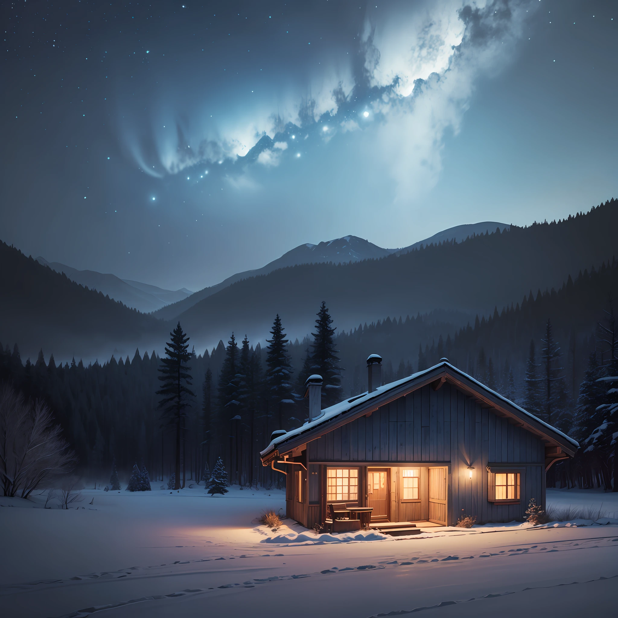 Dark blue chalet bright as night, scenery --auto --s2
