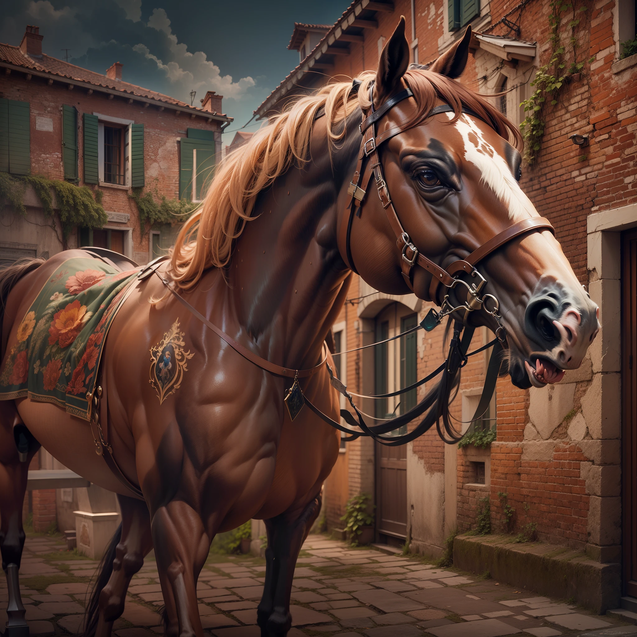 A horse in Venice, caricature, extremely detailed, glamour photography, real estate photography, deep colors, earth tones, acidwave, comtemporary realism, fantasy, fairytale