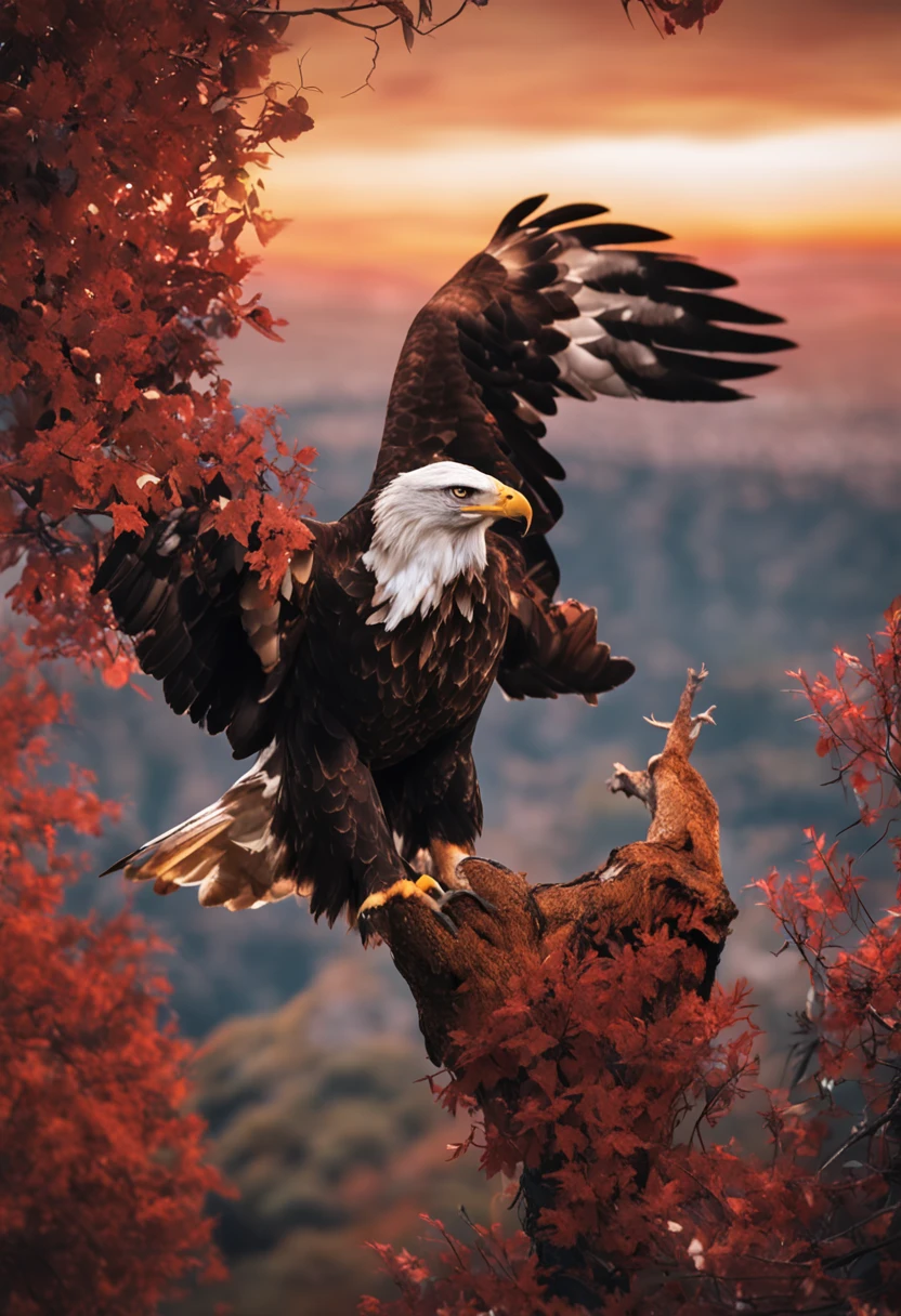 an eagle with open wings and a beautiful tree to the side