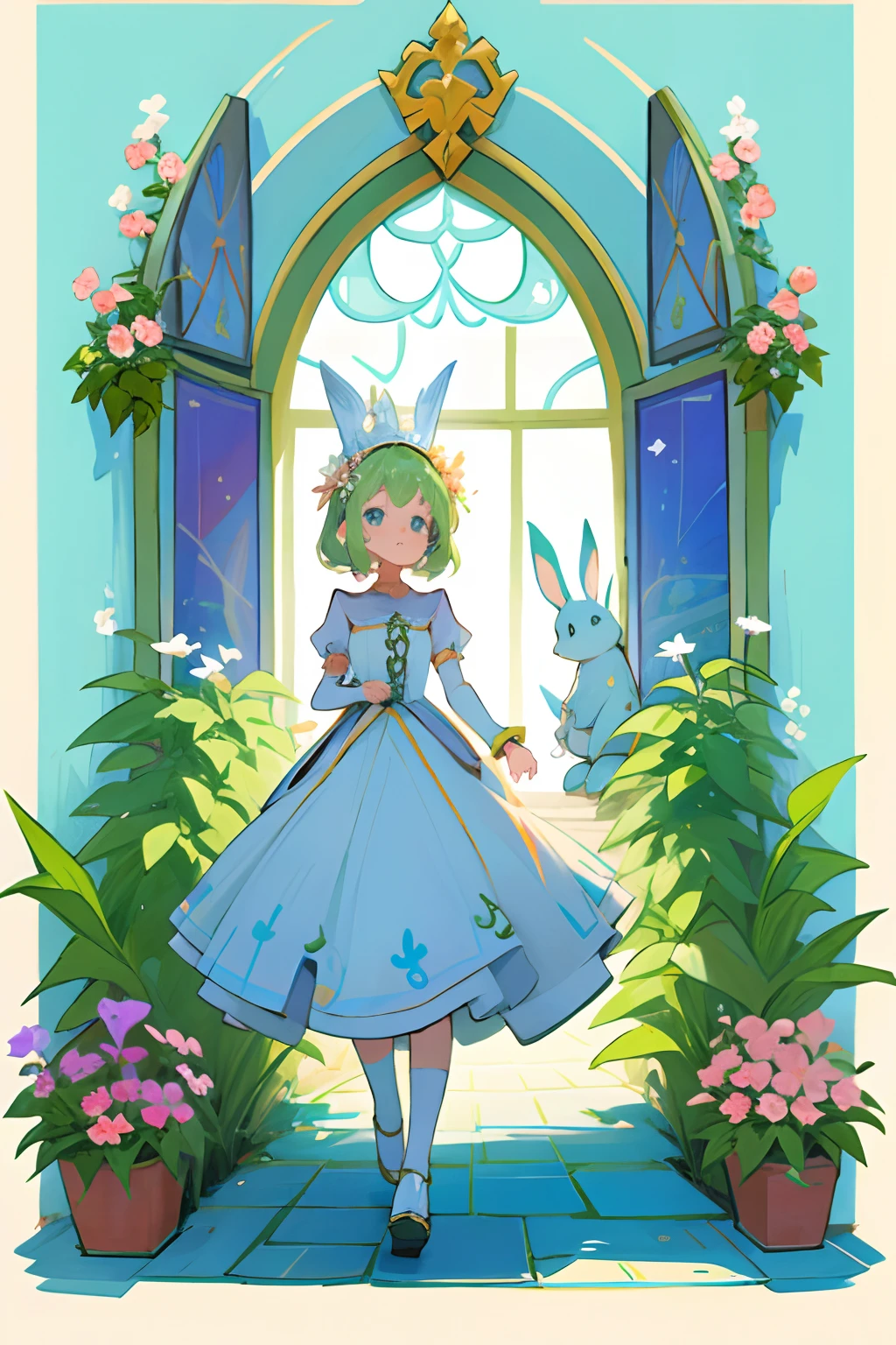 a princess walks through a villaa princess walks through a village followed by her cute bunnies. summer, flowers, shops with festively decorated windows.ge followed by her cute bunnies