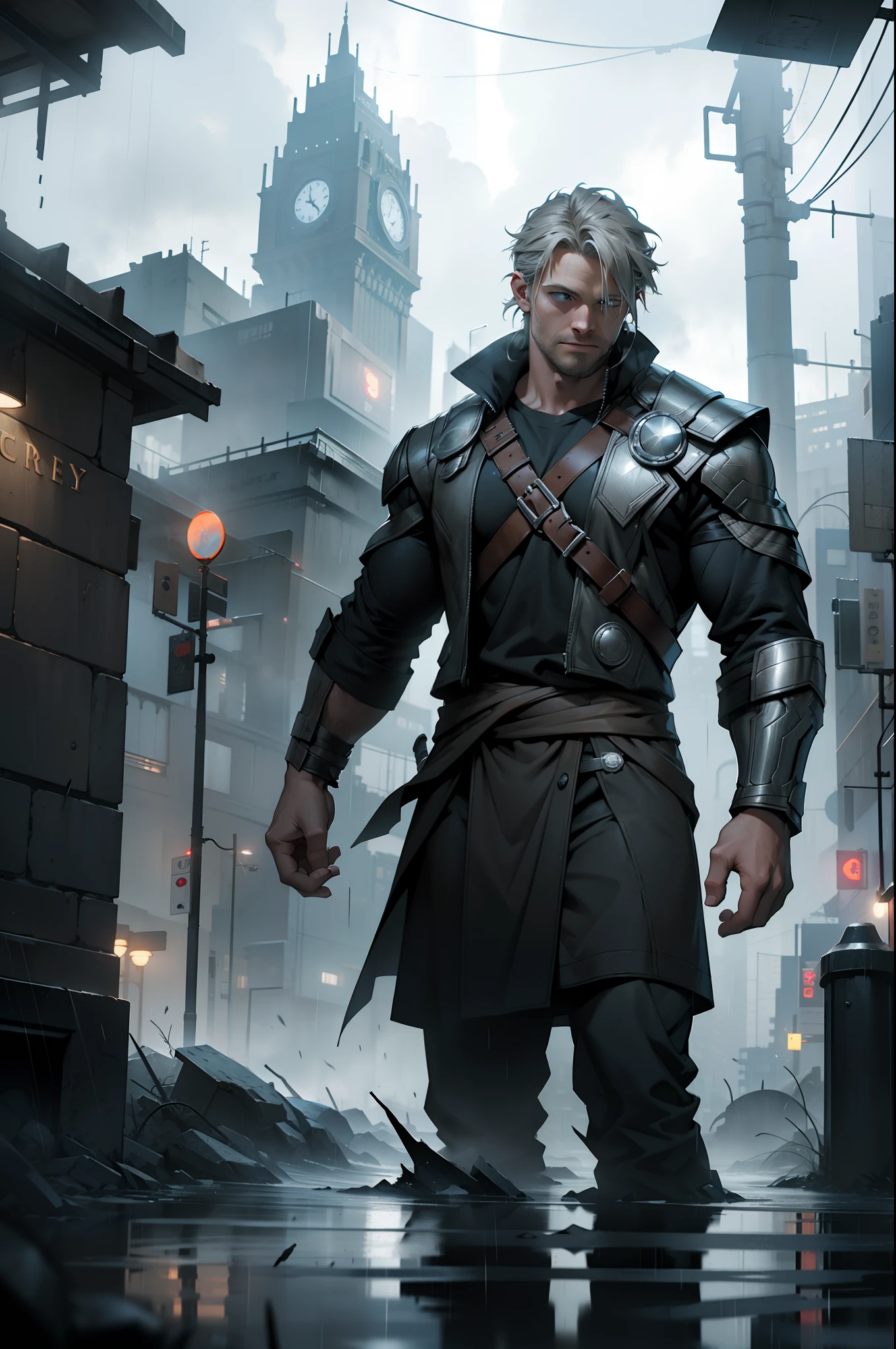 (masterpiece), (best quality), Thor Odinson, (background: foggy, heavy rain, gray clouds, cityscape), volumetric lighting, 8k resolution