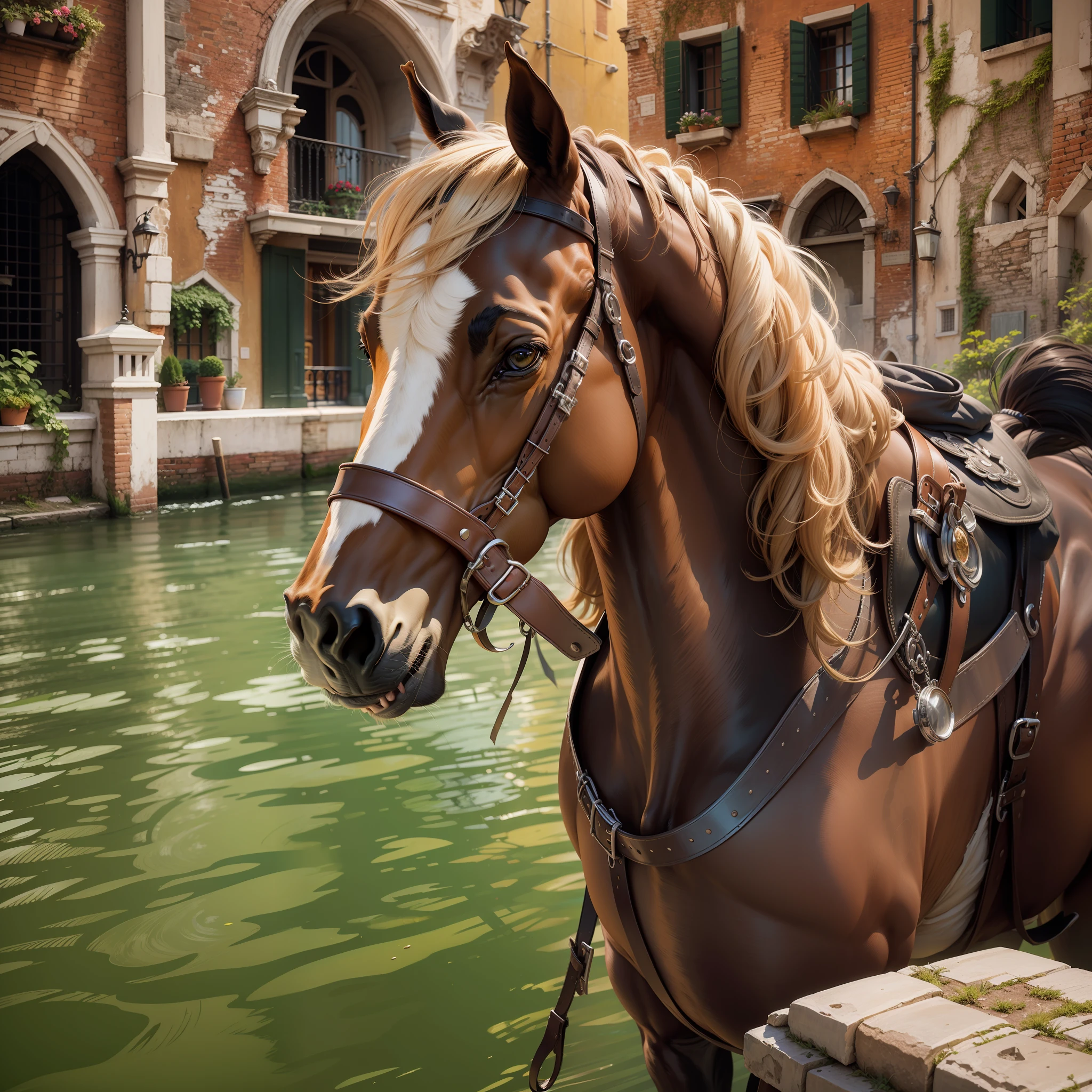 A horse in Venice, caricature, extremely detailed, glamour photography, real estate photography, deep colors, earth tones, acidwave, comtemporary realism, fantasy, fairytale