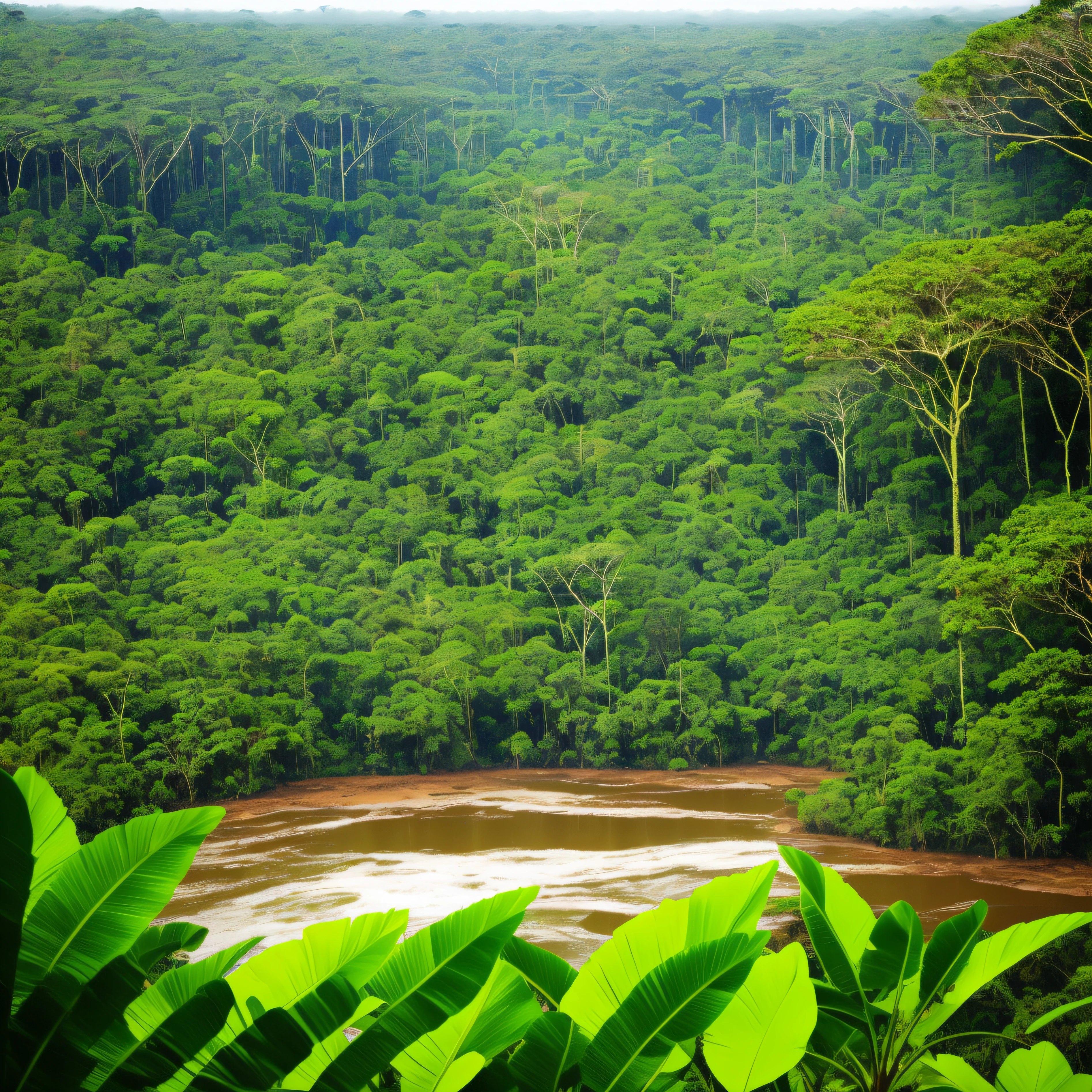 Amazon rainforest seen from the ground. We see in perspective the trees in the middle of a creek