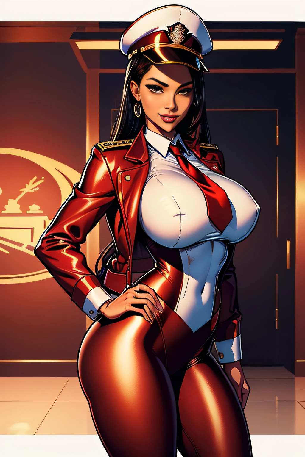 Pose in front of the ship、Big breasts about to burst、1 Female Alafe Naval Officer、thin and long legs,、Fitness Model、musculature、abdominals、Metallic Red Jacket、Long metallic red pants、Metallic white shirt with breast pocket、hatting、neck tie、Five-fingered、Class Chapters、decoration、skin tanned、glistning skin、Cool smile、Pose ready to fight