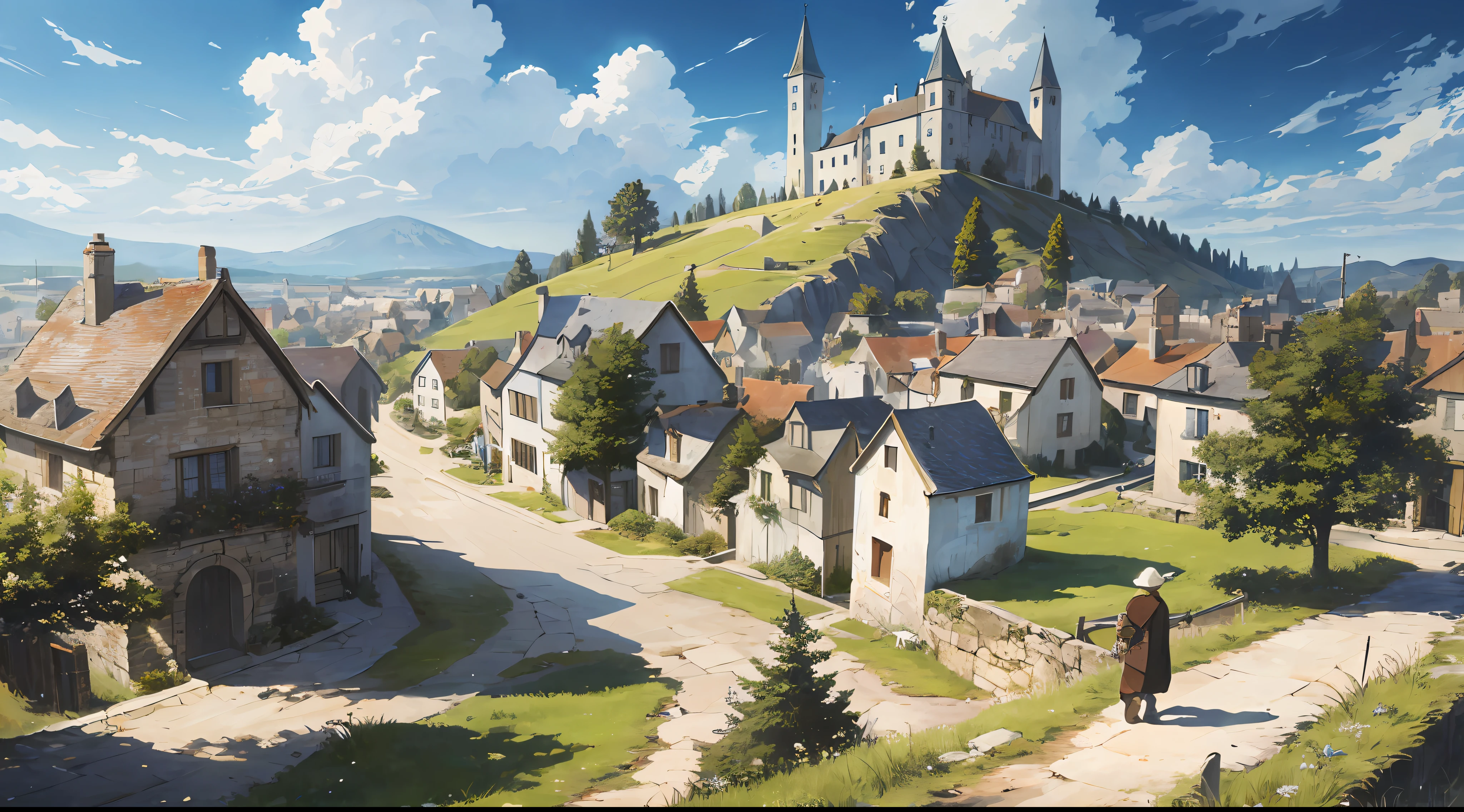 ((masterpiece)),((best quality)),((high detail)),((realistic,)) ((ultra detailed)) landscape of a small medieval town, cartoonist illustration, aeria view, beautiful sky, deformed clouds, 1.3:pine trees, towers, people walking