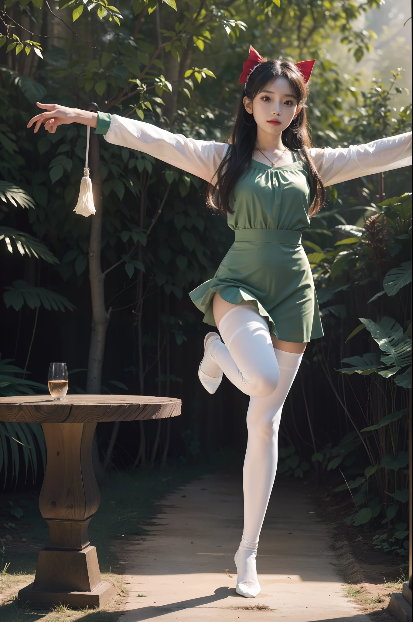 (full body:1.5),(1girl:1.3),(view the viewer:1.4),(anatomy correct:1.3),(Sitting in the forest dancing and dancing:1.2),(Wearing a Reimu Hakurei set:1.2),(Opaque green pantyhose:1.3),( girl pointed thick heels :1.1),(Accurate and perfect face:1.3),(Long legs:1.3),hyper HD, Ray traching, reflective light, structurally correct, Award-Awarded, high detail, lighten shade contrast, Face lighting ,cinematic lighting, masterpiece, super detailing, high quality, high detail, best quality, 16k,High contrast,