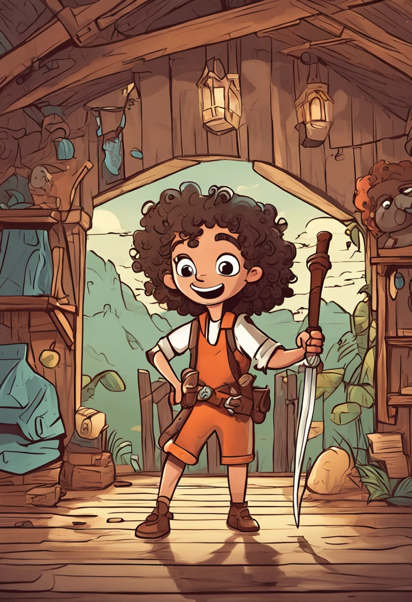 Curly-haired cartoon-style child holding a wooden sword in an adventure setting set up in his home