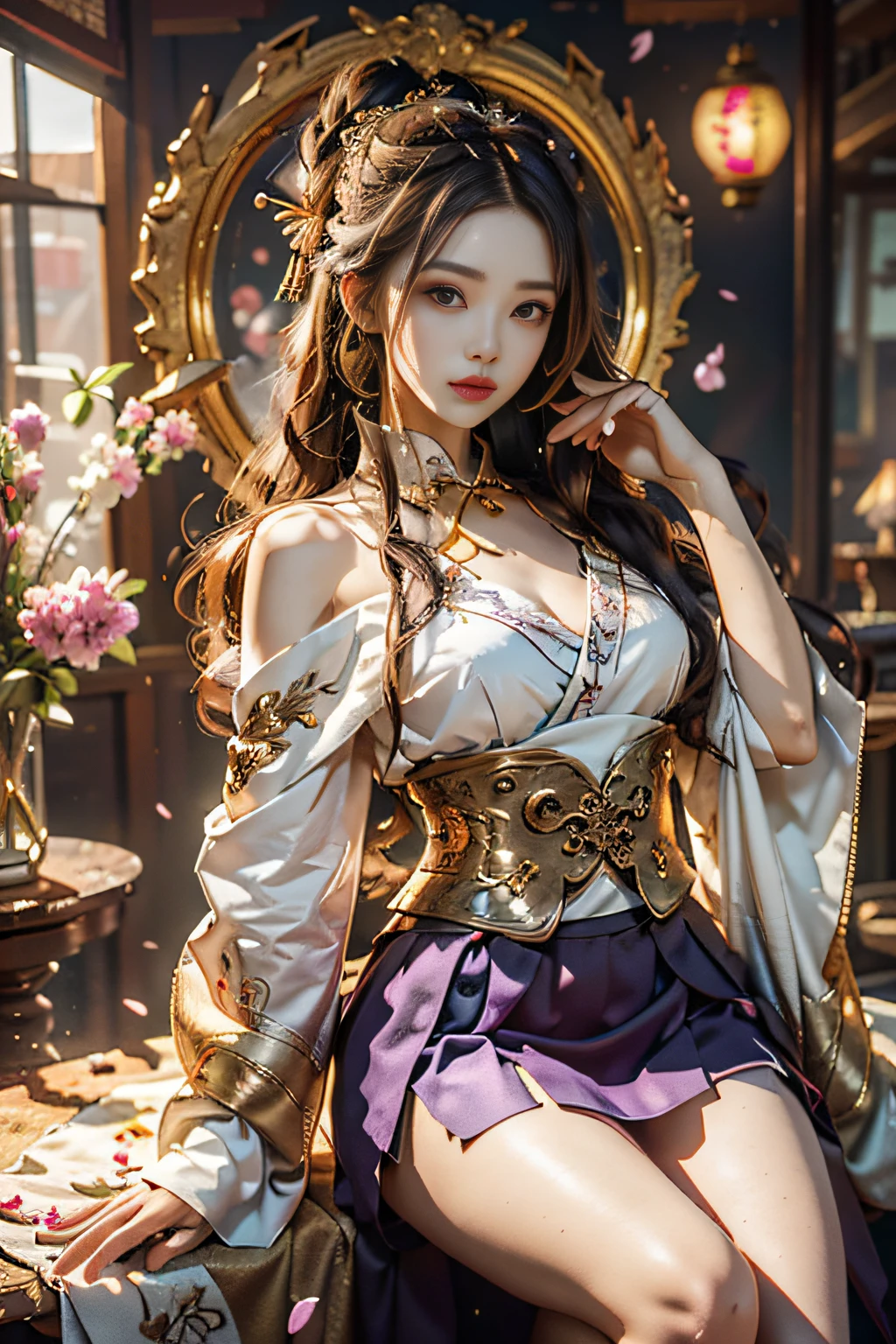 Superb Quality, Masterpiece, High Resolution, (Exquisite Body: 1.5), Beauty, Bare Shoulders, Oversized Breasts (2.5) Wide Buttocks, Thin Waist, Stunning Beauty, (Milky Skin: 1.3), Exquisite Details, High Resolution, Wallpaper, 1 Woman, Solo, Dress, Hair Accessories, (((Golden Purple Skirt)), Flower, Long Hair, Brown Hair, Shut Up, Accessories, Long Sleeves, Raised Hands, Wide Sleeves, Big Eyes, Flowing Hair, Hanfu, Hanfu, Embroidery, Long Dress, Natural Pose, Falling Petals, Indoor, Fanning, Lantern, 16K, HDR, High resolution, depth of field, (film grain: 1.1), Bocon, prime time, (lens flare), vignetting, rainbow, (color grading: 1.5)