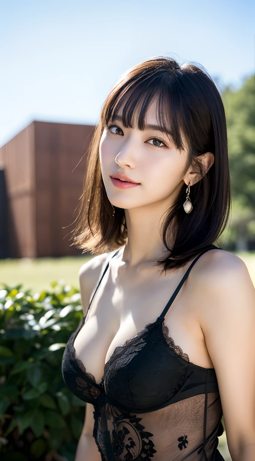 (8k, RAW Photo, Best Quality, Masterpiece:1.2), Ultra Detail, Super Resolution, (Realistic, Realistic Photo:1.37), Portrait, High Detail RAW Color Photo, Professional Photo, Extremely Detailed and Beautiful, Extremely detailed, 8k wallpaper, amazing and detailed, huge file size, official art, highly detailed CG unity 8k wallpaper, highly detailed beautiful girl, highly detailed face, highly detailed eyes, highly detailed skin, highly detailed fingers, highly detailed nose, very detailed detailed mouth , perfect anatomy, highly detailed background, highly detailed clothes, 1girl, (20:1.2), 20s, cute girl, realistic body, petite, fair skin, glowing skin , slim body, handsome body, black hair , short hair, (blunt bangs:1.2), smile, cute, youthful, cute face, realistic face, delicate eyes, drooping eyes, lingerie, see-through, earrings, looking at viewer, cowboy shot, facing front, standing posture, Contraposto, dynamic lighting, very large breasts, cowboy shot