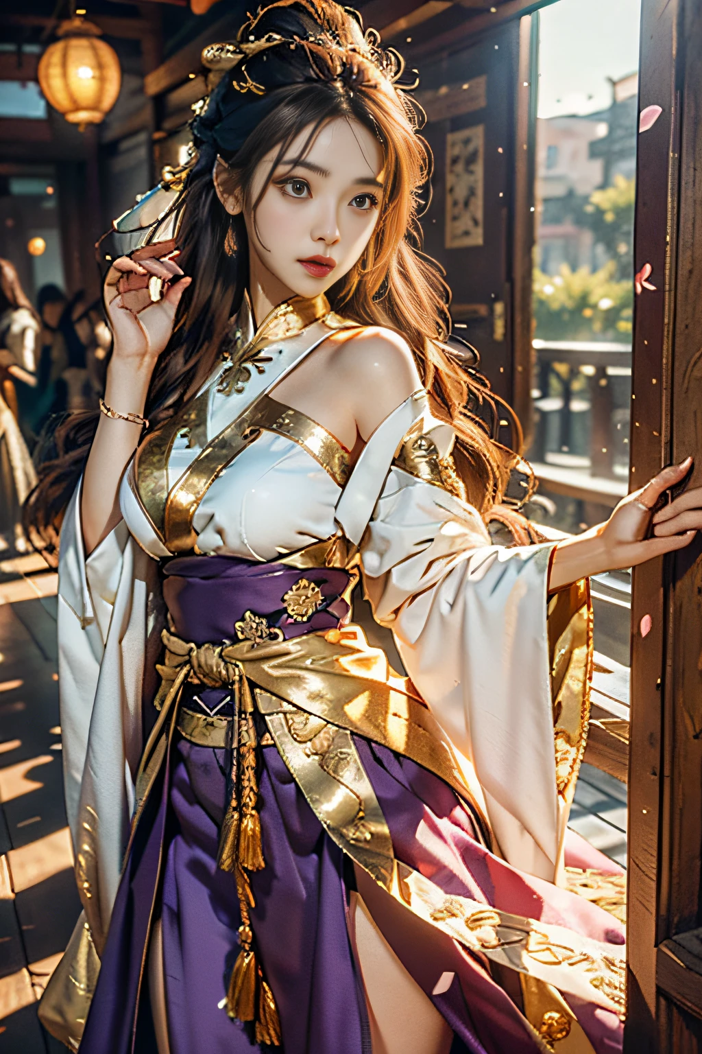 Superb Quality, Masterpiece, High Resolution, (Exquisite Body: 1.5), Beauty, Bare Shoulders, Oversized Breasts (2.5) Wide Buttocks, Thin Waist, Stunning Beauty, (Milky Skin: 1.3), Exquisite Details, High Resolution, Wallpaper, 1 Woman, Solo, Dress, Hair Accessories, (((Golden Purple Skirt)), Flower, Long Hair, Brown Hair, Shut Up, Accessories, Long Sleeves, Raised Hands, Wide Sleeves, Big Eyes, Flowing Hair, Hanfu, Hanfu, Embroidery, Long Dress, Natural Pose, Falling Petals, Indoor, Fanning, Lantern, 16K, HDR, High resolution, depth of field, (film grain: 1.1), Bocon, prime time, (lens flare), vignetting, rainbow, (color grading: 1.5)