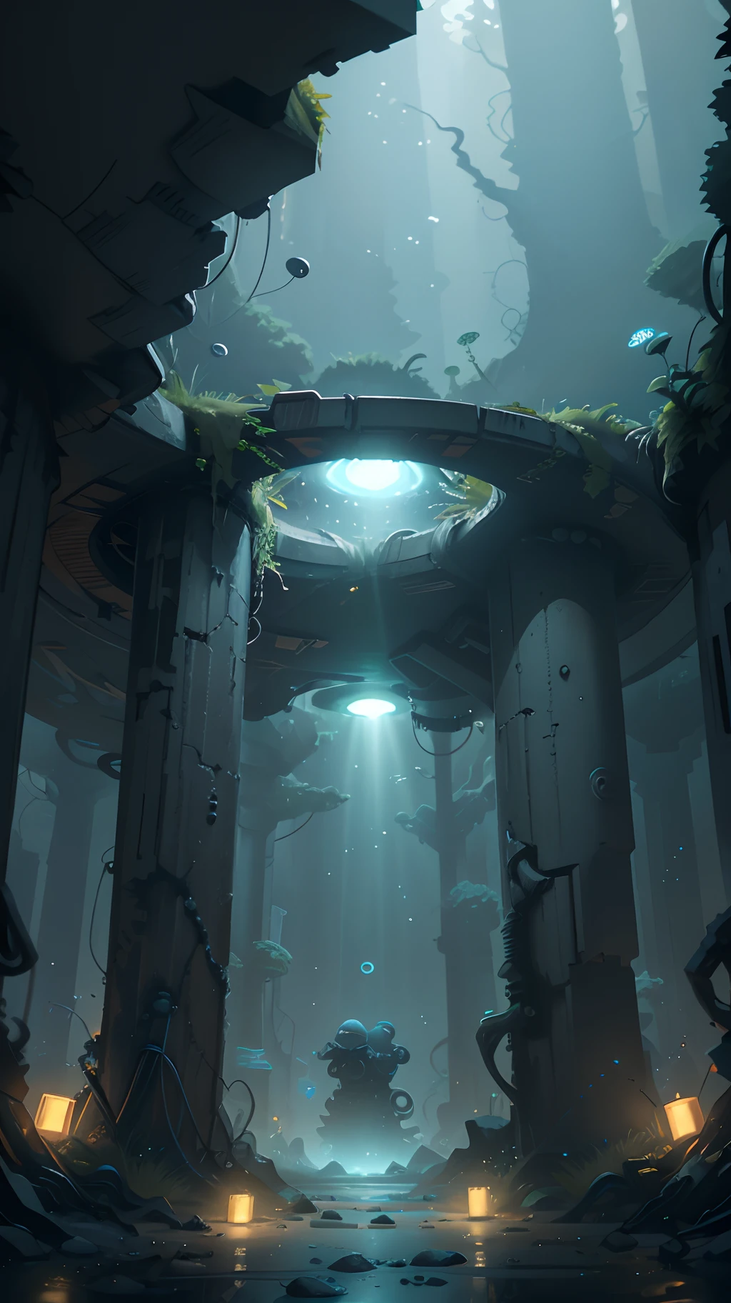 Imagine a concrete wall，One of the huge circles of light appears in the form of interplanetary portals, inside a forest with radiant neon lights.  around circle reflective waves of liquid Chrome, realistic bedroom environment, wide angle side view, Shutter Speed ​​1/500, Aperture F/12, 4 d cinema, Masterpiece, 8K, hr, hqr, 4D, bokeh - -ar 3:2 4c