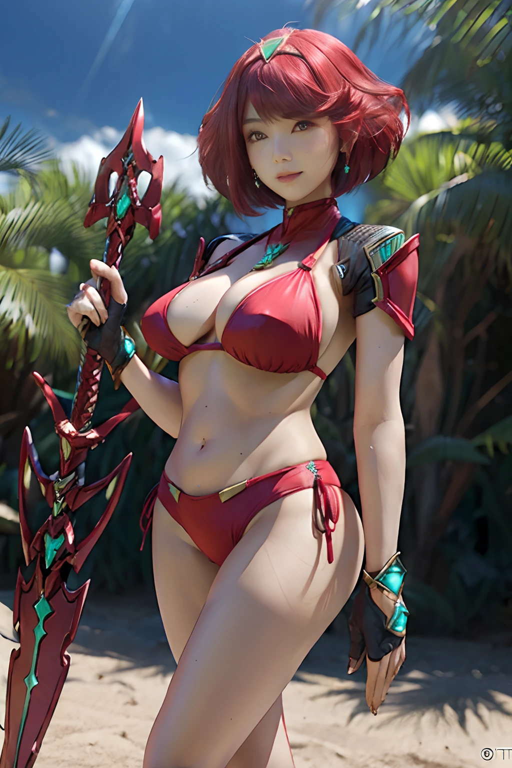 ((The bikini))、swim wears、Facing this way、the beach、((daytime))、pyra \(Xenoblade\), Teen_1girl in, armor, Bangs, Black Gloves, breasts, Red Eyes, Closed mouth, earrings, Eyelashes, Floating hair, framed breasts, Pedras preciosas, Hair Ornament, headpiece, Jewelry, Big_breasts, Leaning back, Leotard, neon trim, Official art, Pose, Red hair, red bikini, Masatsugu Saito, Short hair, Short shorts, Short sleeves, side locks, Skin Tight, Solo, Standing, swept bangs, thighs thighs thighs thighs, tiarra, Night_grass field_Background, turtle neck, Underbust, vambraces, Xenoblade Chronicles \(Series\), (Xenoblade Chronicles 2), apart_Legs, fire_effect,Dynamic_Pose,Fighting,light_Smile, (Plump:1.1), Big_Ass,Huge_Sword, Hold_Large_Sword_grip, Solo, Covered_Nipples, Covered_cunt,Open_Mouth,Back_View, faust,