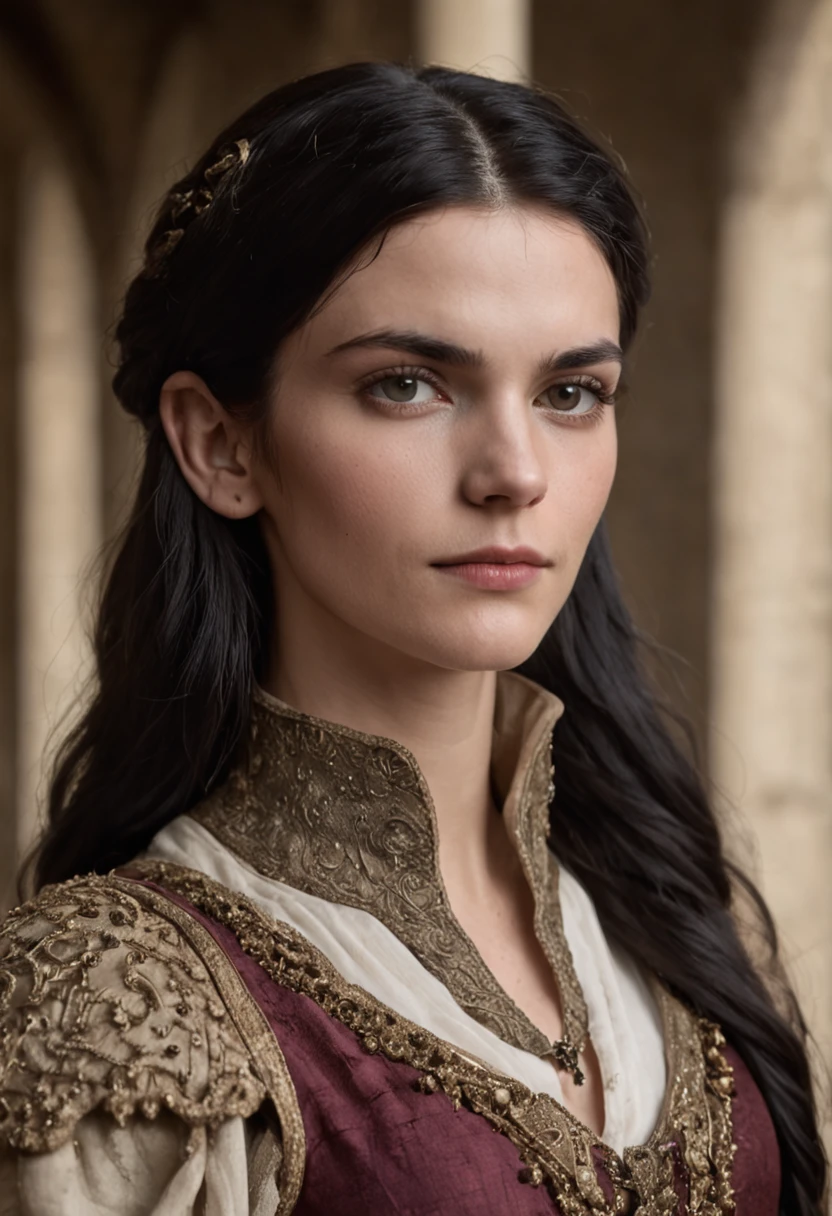 Portrait Photography, face shot of a mix between Brian Molko and Angie Harmon as a 20 year-old medieval fantasy male king, young, slim, androgynous look, mediterranean features, olive skin, dark piercing eyes, long oiled black hair, clean-shaven, medieval fantasy Atlantidean nice elegant rich embroidered royal regal sleveless tunic, filigree jewels and crown, serious expression, in a medieval fantasy atlantidean mediterranean palace, The colors are masterfully captured by Nikon D850 and a Nikon AF-S NIKKOR 70-200mm f/2.8E FL ED VR lens, Peter Jackson, fantasy, historical