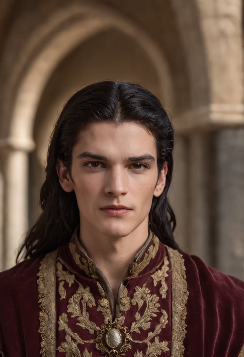 Portrait Photography, face shot of a mix between Brian Molko and Angie Harmon as a 20 year-old medieval fantasy male king, young, slim, androgynous look, mediterranean features, olive skin, dark piercing eyes, long oiled black hair, clean-shaven, medieval fantasy Atlantidean nice elegant rich embroidered royal regal sleveless tunic, filigree jewels and crown, serious expression, in a medieval fantasy atlantidean mediterranean palace, The colors are masterfully captured by Nikon D850 and a Nikon AF-S NIKKOR 70-200mm f/2.8E FL ED VR lens, Peter Jackson, fantasy, historical