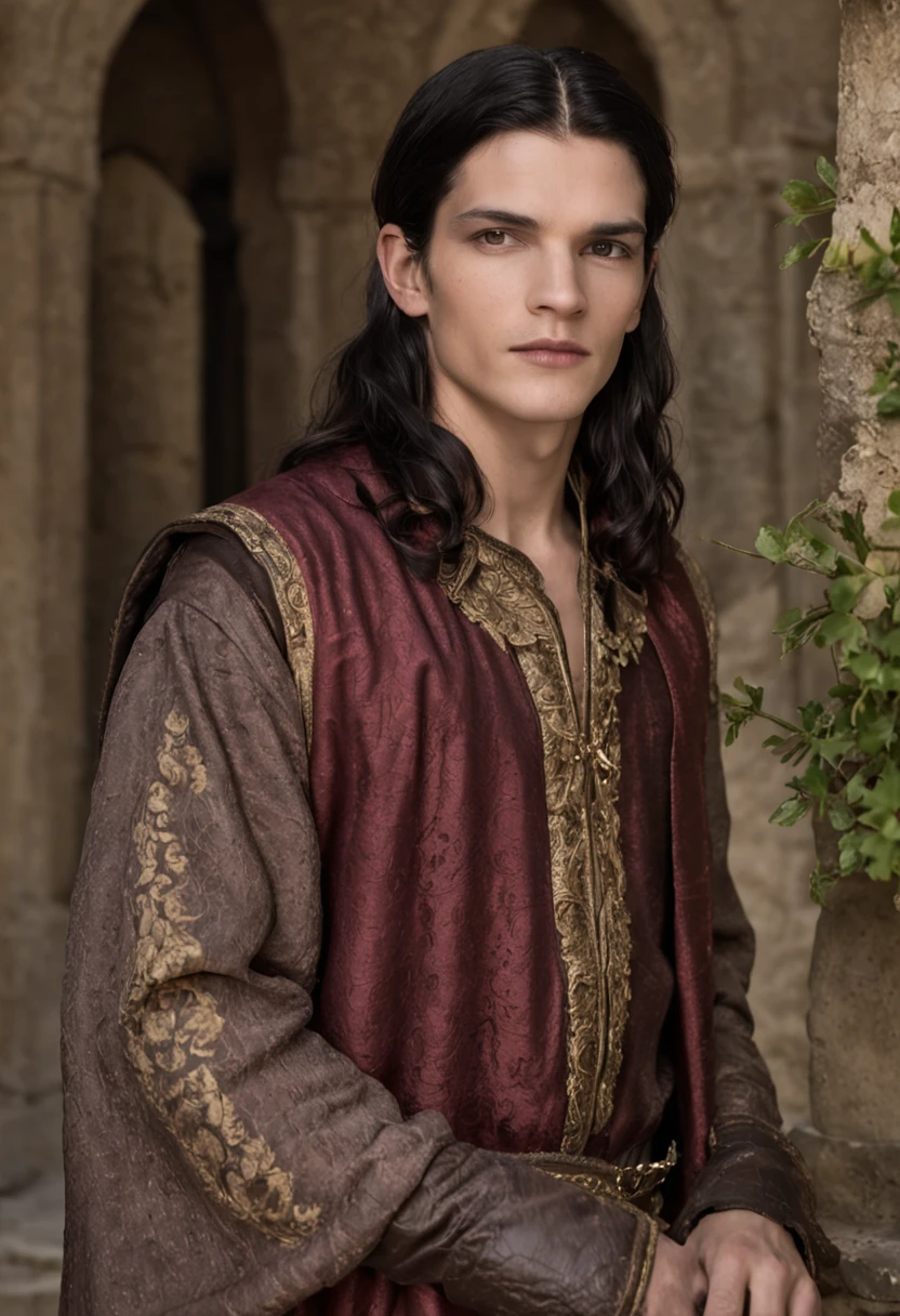 Portrait Photography, face shot of a mix between Brian Molko and Angie Harmon as a 20 year-old medieval fantasy male king, young, slim, androgynous look, mediterranean features, olive skin, dark piercing eyes, long oiled black hair, clean-shaven, medieval fantasy Atlantidean nice elegant rich embroidered royal regal sleveless tunic, filigree jewels and crown, serious expression, in a medieval fantasy atlantidean mediterranean palace, The colors are masterfully captured by Nikon D850 and a Nikon AF-S NIKKOR 70-200mm f/2.8E FL ED VR lens, Peter Jackson, fantasy, historical