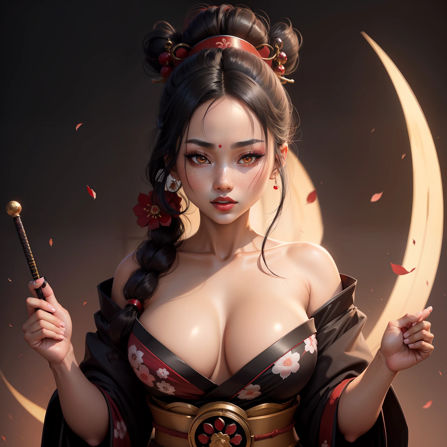 Seductive geisha, wear black kimono, black hair, red moon, dark skin complexion, cherry blossom on hair, 4k, almond eyes, big lip, logo, heart shape face, face fuller, sexy hair tied up, black eyes, dark red lipstick, female samurai warrior, swords, face shots, head shots, freckles on the face, up close head face shots, full hair, brown skin tanned