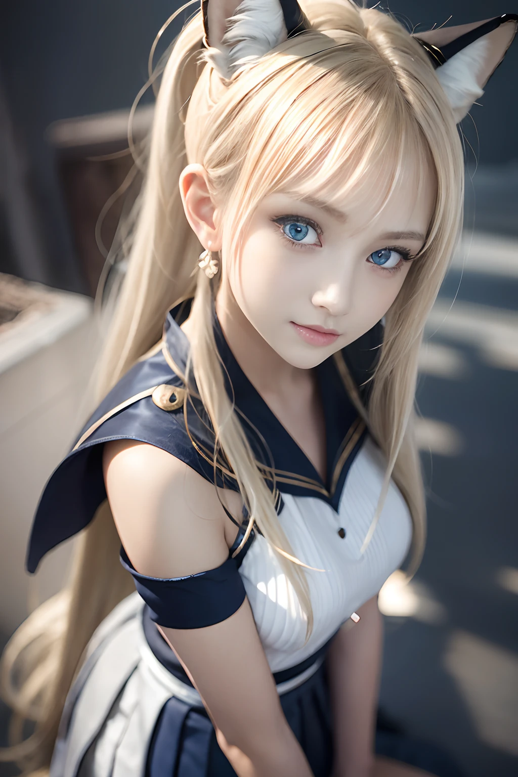 bright expression、poneyTail、Young shiny shiny white shiny skin、Best Looks、Blonde reflected light、Platinum blonde hair with dazzling highlights、shiny light hair,、Super long silky straight hair、Beautiful bangs that shine、Glowing crystal clear attractive big blue eyes、Very beautiful nice cute 16 year old girl、Lush bust,Beautiful detailed eyes, beautiful detailed nose,(( Full body:1.25)),Makeup that the eyes emphasize、((Pleated skirt with many folds)),(Women like Joan of Arc)、s Armor、Knights, With a sword and shield，Royal style，Comic style, , Sub-surface scattering, ornate detail, nature backdrop, Hyper-realistic, Cinematic, Dramatic Lighting, masutepiece、Armor with a wolf motif、((Wolf ears))、