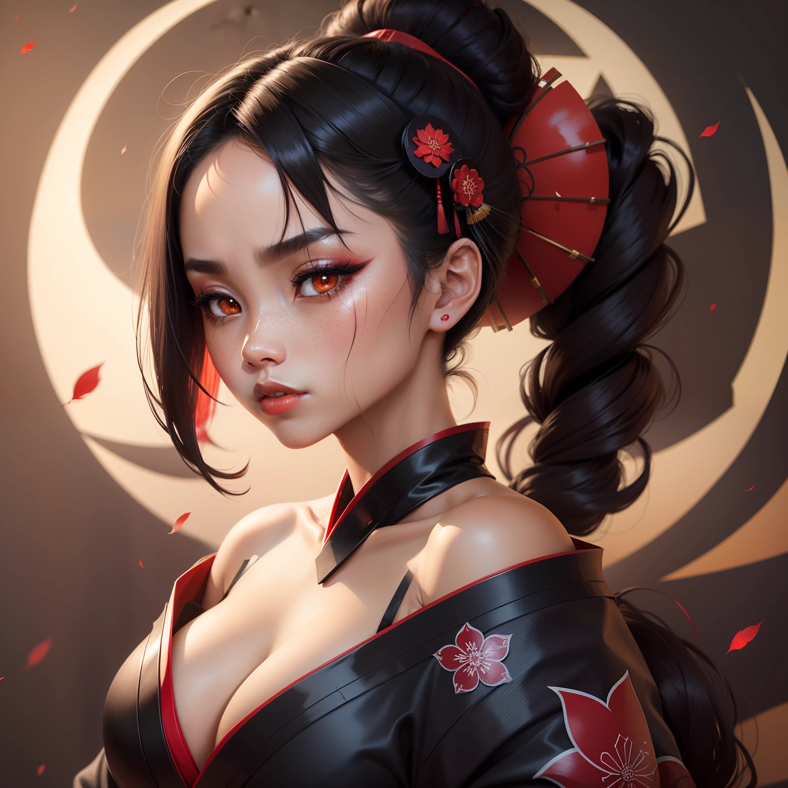 Seductive geisha, wear black kimono, black hair, red moon, dark skin complexion, cherry blossom on hair, 4k, almond eyes, big lip, logo, heart shape face, face fuller, sexy hair tied up, black eyes, dark red lipstick, female samurai warrior, swords, face shots, head shots, freckles on the face, up close head face shots, full hair, brown skin tanned